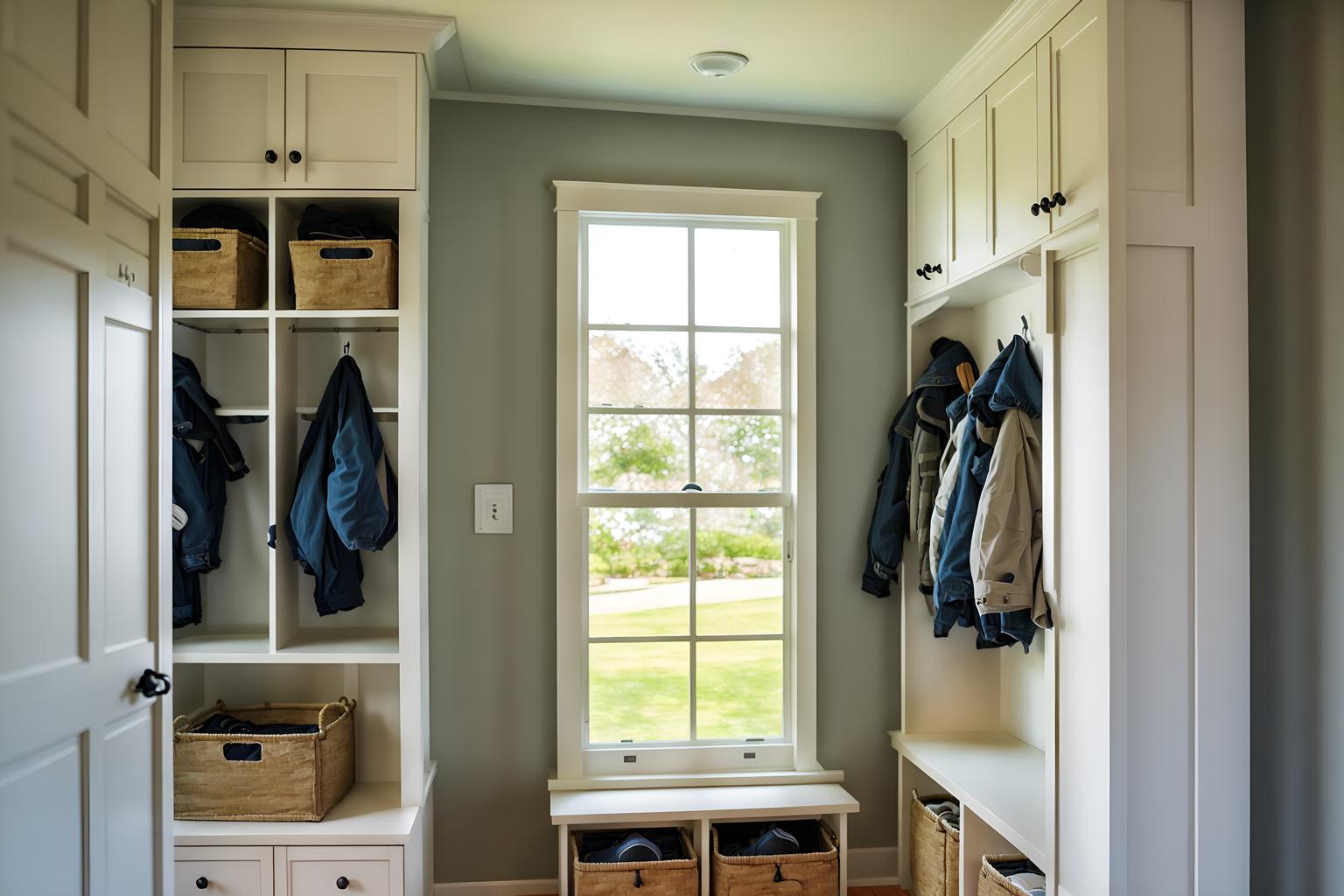 simple-style (mudroom interior) with cubbies and storage baskets and wall hooks for coats and a bench and shelves for shoes and high up storage and cabinets and storage drawers. . . cinematic photo, highly detailed, cinematic lighting, ultra-detailed, ultrarealistic, photorealism, 8k. simple interior design style. masterpiece, cinematic light, ultrarealistic+, photorealistic+, 8k, raw photo, realistic, sharp focus on eyes, (symmetrical eyes), (intact eyes), hyperrealistic, highest quality, best quality, , highly detailed, masterpiece, best quality, extremely detailed 8k wallpaper, masterpiece, best quality, ultra-detailed, best shadow, detailed background, detailed face, detailed eyes, high contrast, best illumination, detailed face, dulux, caustic, dynamic angle, detailed glow. dramatic lighting. highly detailed, insanely detailed hair, symmetrical, intricate details, professionally retouched, 8k high definition. strong bokeh. award winning photo.