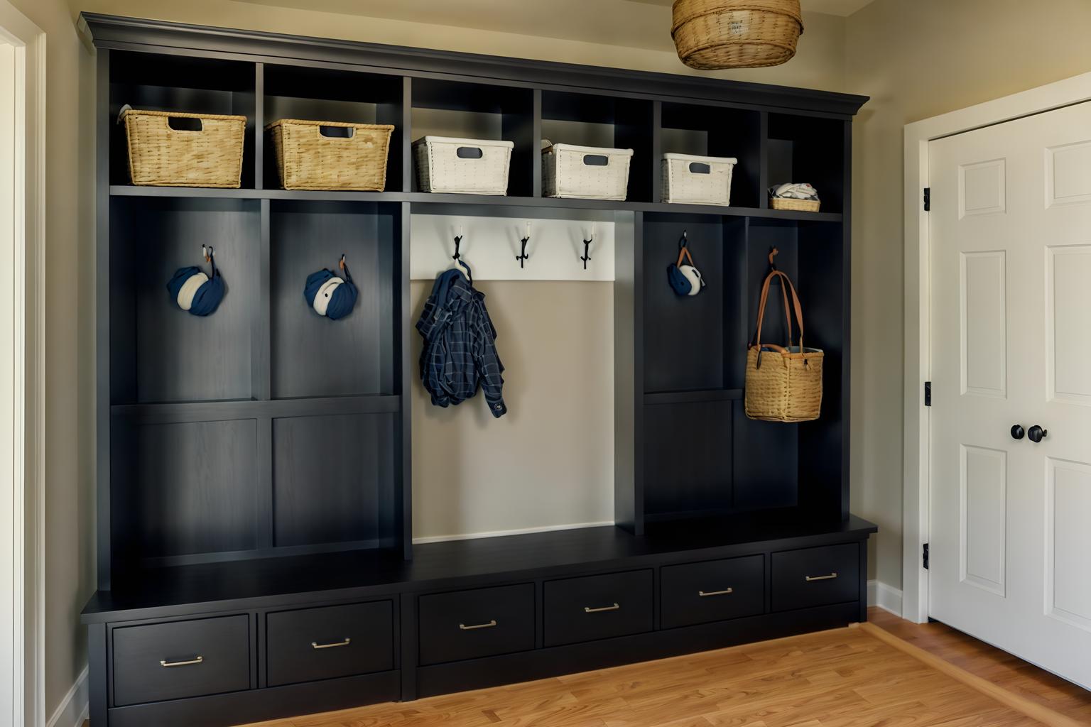 simple-style (mudroom interior) with cubbies and storage baskets and wall hooks for coats and a bench and shelves for shoes and high up storage and cabinets and storage drawers. . . cinematic photo, highly detailed, cinematic lighting, ultra-detailed, ultrarealistic, photorealism, 8k. simple interior design style. masterpiece, cinematic light, ultrarealistic+, photorealistic+, 8k, raw photo, realistic, sharp focus on eyes, (symmetrical eyes), (intact eyes), hyperrealistic, highest quality, best quality, , highly detailed, masterpiece, best quality, extremely detailed 8k wallpaper, masterpiece, best quality, ultra-detailed, best shadow, detailed background, detailed face, detailed eyes, high contrast, best illumination, detailed face, dulux, caustic, dynamic angle, detailed glow. dramatic lighting. highly detailed, insanely detailed hair, symmetrical, intricate details, professionally retouched, 8k high definition. strong bokeh. award winning photo.