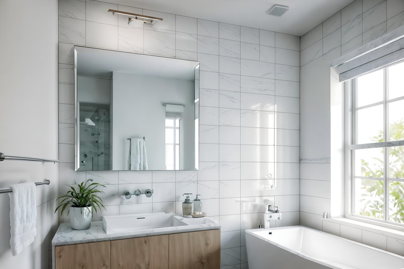 simple-style (bathroom interior) with mirror and bath towel and bath rail and bathtub and bathroom sink with faucet and plant and toilet seat and bathroom cabinet. . . cinematic photo, highly detailed, cinematic lighting, ultra-detailed, ultrarealistic, photorealism, 8k. simple interior design style. masterpiece, cinematic light, ultrarealistic+, photorealistic+, 8k, raw photo, realistic, sharp focus on eyes, (symmetrical eyes), (intact eyes), hyperrealistic, highest quality, best quality, , highly detailed, masterpiece, best quality, extremely detailed 8k wallpaper, masterpiece, best quality, ultra-detailed, best shadow, detailed background, detailed face, detailed eyes, high contrast, best illumination, detailed face, dulux, caustic, dynamic angle, detailed glow. dramatic lighting. highly detailed, insanely detailed hair, symmetrical, intricate details, professionally retouched, 8k high definition. strong bokeh. award winning photo.