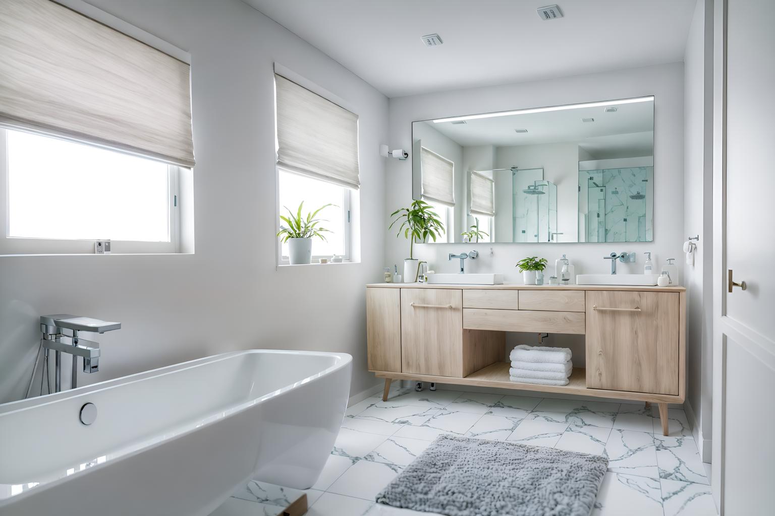 simple-style (bathroom interior) with mirror and bath towel and bath rail and bathtub and bathroom sink with faucet and plant and toilet seat and bathroom cabinet. . . cinematic photo, highly detailed, cinematic lighting, ultra-detailed, ultrarealistic, photorealism, 8k. simple interior design style. masterpiece, cinematic light, ultrarealistic+, photorealistic+, 8k, raw photo, realistic, sharp focus on eyes, (symmetrical eyes), (intact eyes), hyperrealistic, highest quality, best quality, , highly detailed, masterpiece, best quality, extremely detailed 8k wallpaper, masterpiece, best quality, ultra-detailed, best shadow, detailed background, detailed face, detailed eyes, high contrast, best illumination, detailed face, dulux, caustic, dynamic angle, detailed glow. dramatic lighting. highly detailed, insanely detailed hair, symmetrical, intricate details, professionally retouched, 8k high definition. strong bokeh. award winning photo.