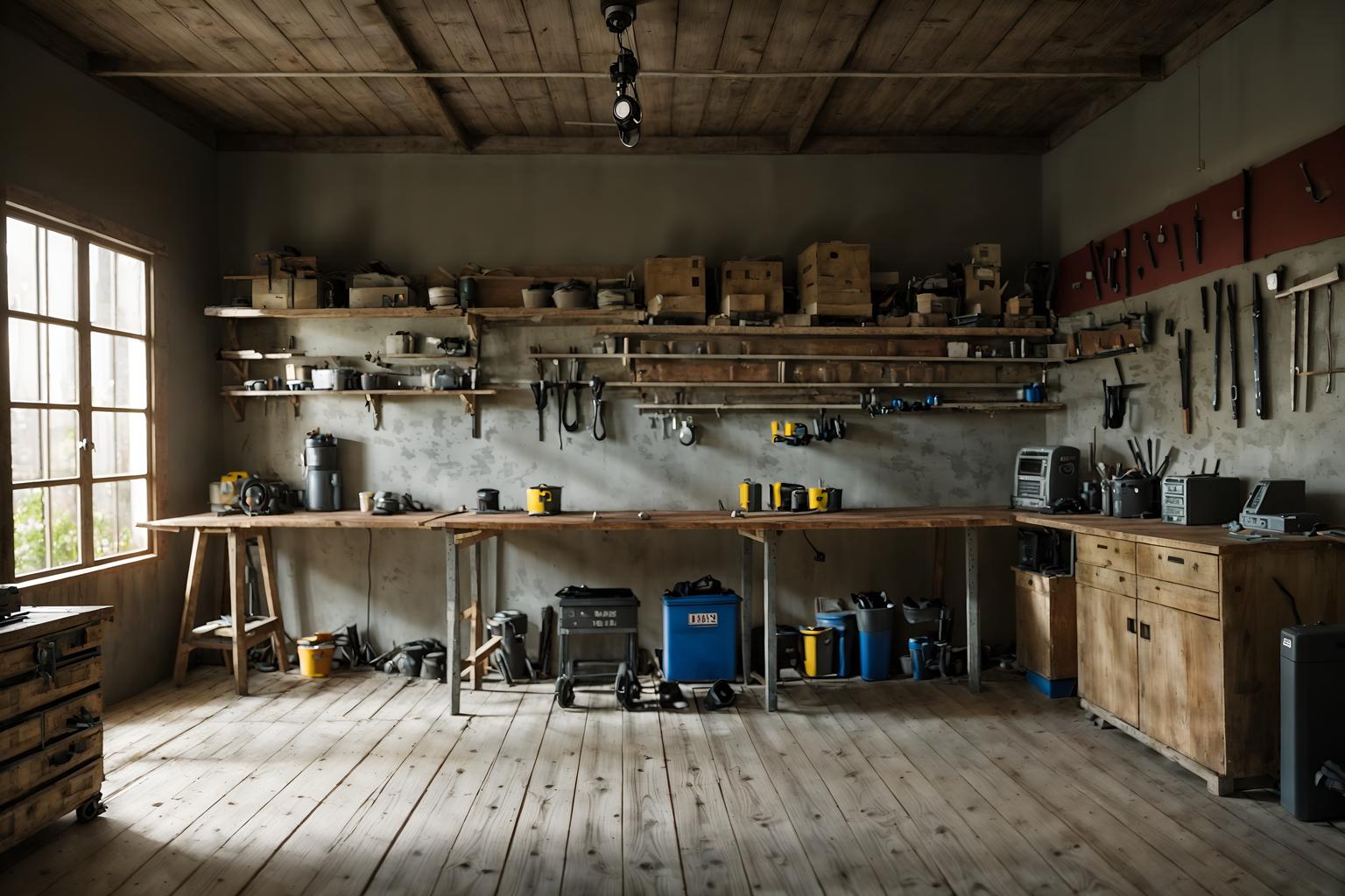simple-style (workshop interior) with tool wall and messy and wooden workbench and tool wall. . . cinematic photo, highly detailed, cinematic lighting, ultra-detailed, ultrarealistic, photorealism, 8k. simple interior design style. masterpiece, cinematic light, ultrarealistic+, photorealistic+, 8k, raw photo, realistic, sharp focus on eyes, (symmetrical eyes), (intact eyes), hyperrealistic, highest quality, best quality, , highly detailed, masterpiece, best quality, extremely detailed 8k wallpaper, masterpiece, best quality, ultra-detailed, best shadow, detailed background, detailed face, detailed eyes, high contrast, best illumination, detailed face, dulux, caustic, dynamic angle, detailed glow. dramatic lighting. highly detailed, insanely detailed hair, symmetrical, intricate details, professionally retouched, 8k high definition. strong bokeh. award winning photo.