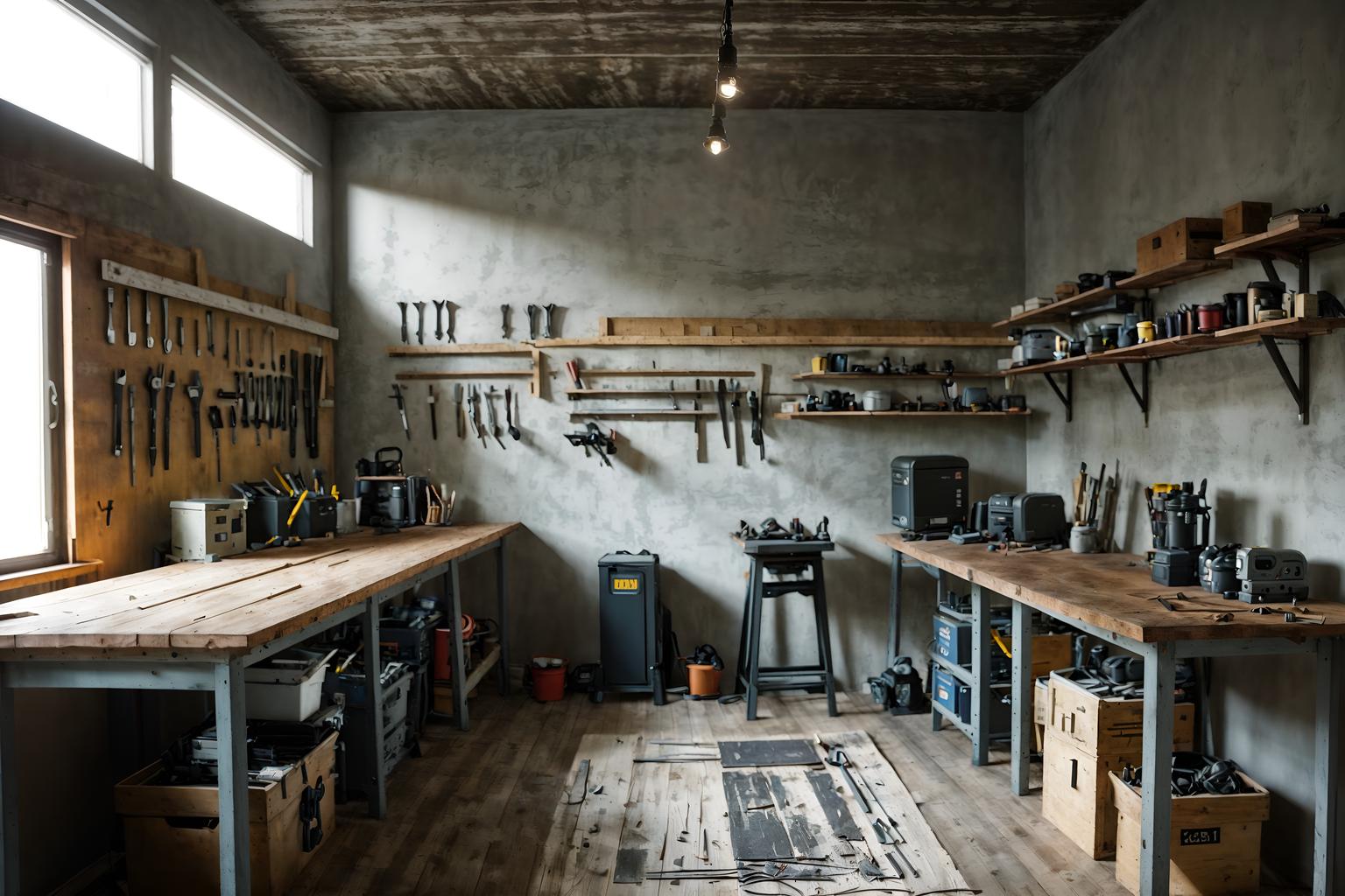 simple-style (workshop interior) with tool wall and messy and wooden workbench and tool wall. . . cinematic photo, highly detailed, cinematic lighting, ultra-detailed, ultrarealistic, photorealism, 8k. simple interior design style. masterpiece, cinematic light, ultrarealistic+, photorealistic+, 8k, raw photo, realistic, sharp focus on eyes, (symmetrical eyes), (intact eyes), hyperrealistic, highest quality, best quality, , highly detailed, masterpiece, best quality, extremely detailed 8k wallpaper, masterpiece, best quality, ultra-detailed, best shadow, detailed background, detailed face, detailed eyes, high contrast, best illumination, detailed face, dulux, caustic, dynamic angle, detailed glow. dramatic lighting. highly detailed, insanely detailed hair, symmetrical, intricate details, professionally retouched, 8k high definition. strong bokeh. award winning photo.