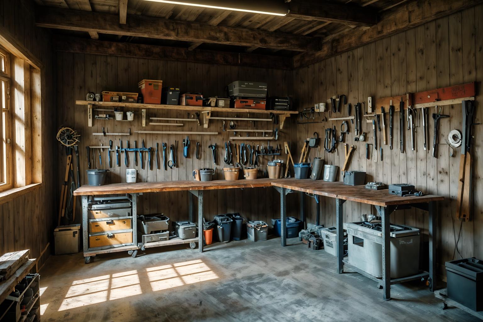 simple-style (workshop interior) with tool wall and messy and wooden workbench and tool wall. . . cinematic photo, highly detailed, cinematic lighting, ultra-detailed, ultrarealistic, photorealism, 8k. simple interior design style. masterpiece, cinematic light, ultrarealistic+, photorealistic+, 8k, raw photo, realistic, sharp focus on eyes, (symmetrical eyes), (intact eyes), hyperrealistic, highest quality, best quality, , highly detailed, masterpiece, best quality, extremely detailed 8k wallpaper, masterpiece, best quality, ultra-detailed, best shadow, detailed background, detailed face, detailed eyes, high contrast, best illumination, detailed face, dulux, caustic, dynamic angle, detailed glow. dramatic lighting. highly detailed, insanely detailed hair, symmetrical, intricate details, professionally retouched, 8k high definition. strong bokeh. award winning photo.