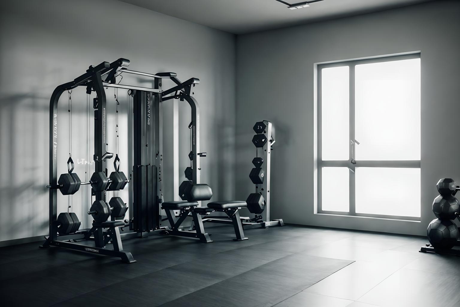 simple-style (fitness gym interior) with dumbbell stand and bench press and squat rack and crosstrainer and exercise bicycle and dumbbell stand. . . cinematic photo, highly detailed, cinematic lighting, ultra-detailed, ultrarealistic, photorealism, 8k. simple interior design style. masterpiece, cinematic light, ultrarealistic+, photorealistic+, 8k, raw photo, realistic, sharp focus on eyes, (symmetrical eyes), (intact eyes), hyperrealistic, highest quality, best quality, , highly detailed, masterpiece, best quality, extremely detailed 8k wallpaper, masterpiece, best quality, ultra-detailed, best shadow, detailed background, detailed face, detailed eyes, high contrast, best illumination, detailed face, dulux, caustic, dynamic angle, detailed glow. dramatic lighting. highly detailed, insanely detailed hair, symmetrical, intricate details, professionally retouched, 8k high definition. strong bokeh. award winning photo.