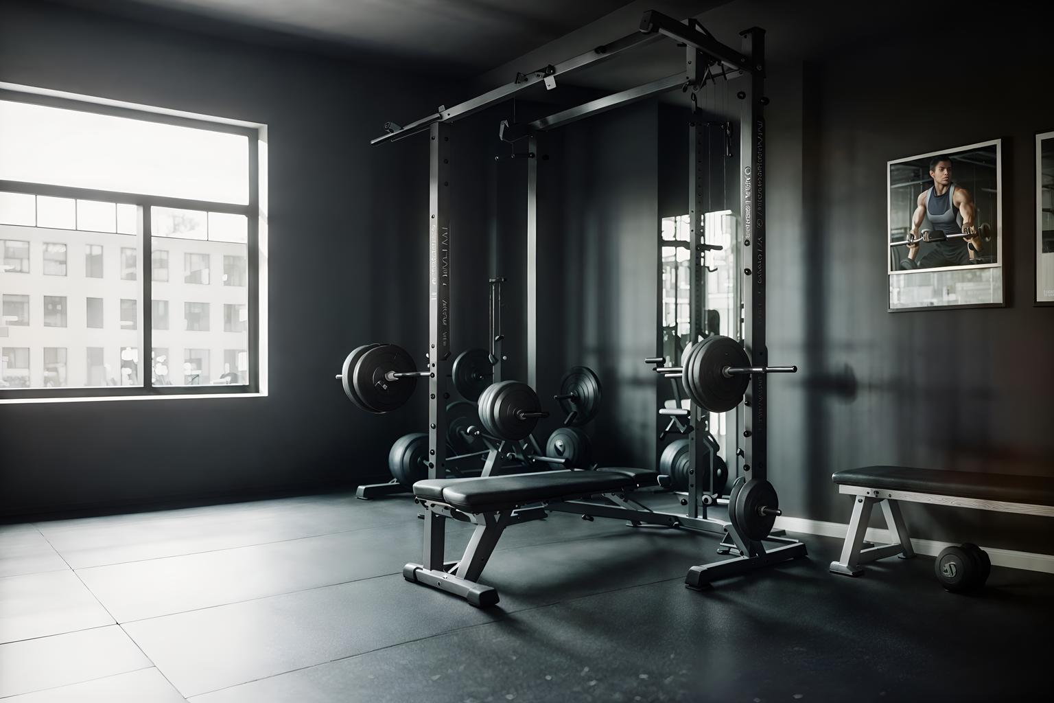 simple-style (fitness gym interior) with dumbbell stand and bench press and squat rack and crosstrainer and exercise bicycle and dumbbell stand. . . cinematic photo, highly detailed, cinematic lighting, ultra-detailed, ultrarealistic, photorealism, 8k. simple interior design style. masterpiece, cinematic light, ultrarealistic+, photorealistic+, 8k, raw photo, realistic, sharp focus on eyes, (symmetrical eyes), (intact eyes), hyperrealistic, highest quality, best quality, , highly detailed, masterpiece, best quality, extremely detailed 8k wallpaper, masterpiece, best quality, ultra-detailed, best shadow, detailed background, detailed face, detailed eyes, high contrast, best illumination, detailed face, dulux, caustic, dynamic angle, detailed glow. dramatic lighting. highly detailed, insanely detailed hair, symmetrical, intricate details, professionally retouched, 8k high definition. strong bokeh. award winning photo.