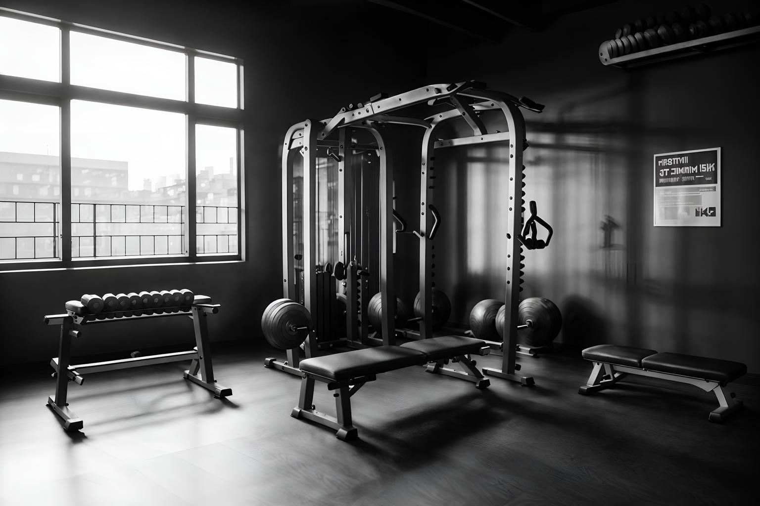 simple-style (fitness gym interior) with dumbbell stand and bench press and squat rack and crosstrainer and exercise bicycle and dumbbell stand. . . cinematic photo, highly detailed, cinematic lighting, ultra-detailed, ultrarealistic, photorealism, 8k. simple interior design style. masterpiece, cinematic light, ultrarealistic+, photorealistic+, 8k, raw photo, realistic, sharp focus on eyes, (symmetrical eyes), (intact eyes), hyperrealistic, highest quality, best quality, , highly detailed, masterpiece, best quality, extremely detailed 8k wallpaper, masterpiece, best quality, ultra-detailed, best shadow, detailed background, detailed face, detailed eyes, high contrast, best illumination, detailed face, dulux, caustic, dynamic angle, detailed glow. dramatic lighting. highly detailed, insanely detailed hair, symmetrical, intricate details, professionally retouched, 8k high definition. strong bokeh. award winning photo.