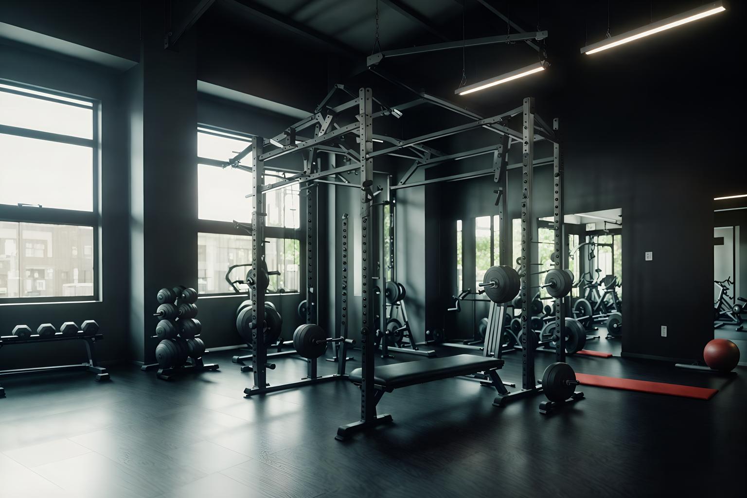 simple-style (fitness gym interior) with dumbbell stand and bench press and squat rack and crosstrainer and exercise bicycle and dumbbell stand. . . cinematic photo, highly detailed, cinematic lighting, ultra-detailed, ultrarealistic, photorealism, 8k. simple interior design style. masterpiece, cinematic light, ultrarealistic+, photorealistic+, 8k, raw photo, realistic, sharp focus on eyes, (symmetrical eyes), (intact eyes), hyperrealistic, highest quality, best quality, , highly detailed, masterpiece, best quality, extremely detailed 8k wallpaper, masterpiece, best quality, ultra-detailed, best shadow, detailed background, detailed face, detailed eyes, high contrast, best illumination, detailed face, dulux, caustic, dynamic angle, detailed glow. dramatic lighting. highly detailed, insanely detailed hair, symmetrical, intricate details, professionally retouched, 8k high definition. strong bokeh. award winning photo.