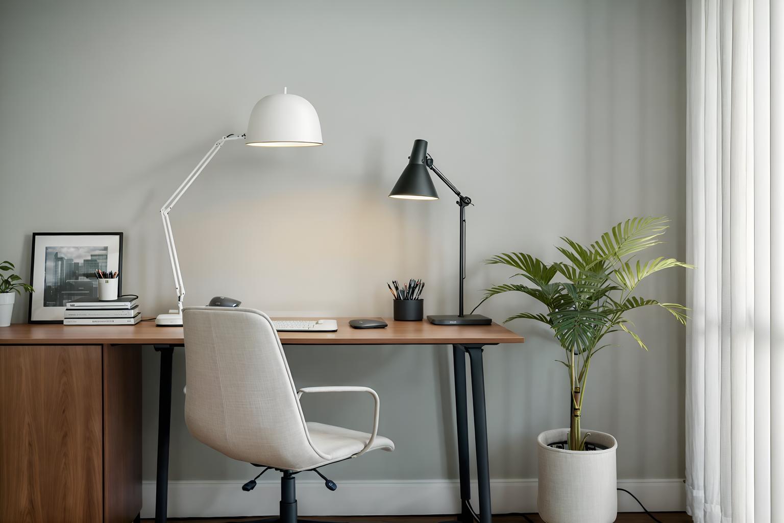 simple-style (home office interior) with office chair and plant and computer desk and cabinets and desk lamp and office chair. . . cinematic photo, highly detailed, cinematic lighting, ultra-detailed, ultrarealistic, photorealism, 8k. simple interior design style. masterpiece, cinematic light, ultrarealistic+, photorealistic+, 8k, raw photo, realistic, sharp focus on eyes, (symmetrical eyes), (intact eyes), hyperrealistic, highest quality, best quality, , highly detailed, masterpiece, best quality, extremely detailed 8k wallpaper, masterpiece, best quality, ultra-detailed, best shadow, detailed background, detailed face, detailed eyes, high contrast, best illumination, detailed face, dulux, caustic, dynamic angle, detailed glow. dramatic lighting. highly detailed, insanely detailed hair, symmetrical, intricate details, professionally retouched, 8k high definition. strong bokeh. award winning photo.