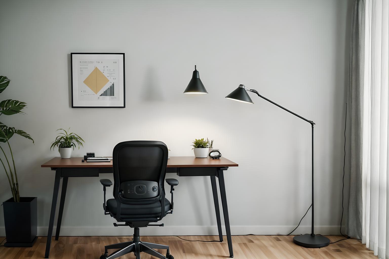 simple-style (home office interior) with office chair and plant and computer desk and cabinets and desk lamp and office chair. . . cinematic photo, highly detailed, cinematic lighting, ultra-detailed, ultrarealistic, photorealism, 8k. simple interior design style. masterpiece, cinematic light, ultrarealistic+, photorealistic+, 8k, raw photo, realistic, sharp focus on eyes, (symmetrical eyes), (intact eyes), hyperrealistic, highest quality, best quality, , highly detailed, masterpiece, best quality, extremely detailed 8k wallpaper, masterpiece, best quality, ultra-detailed, best shadow, detailed background, detailed face, detailed eyes, high contrast, best illumination, detailed face, dulux, caustic, dynamic angle, detailed glow. dramatic lighting. highly detailed, insanely detailed hair, symmetrical, intricate details, professionally retouched, 8k high definition. strong bokeh. award winning photo.