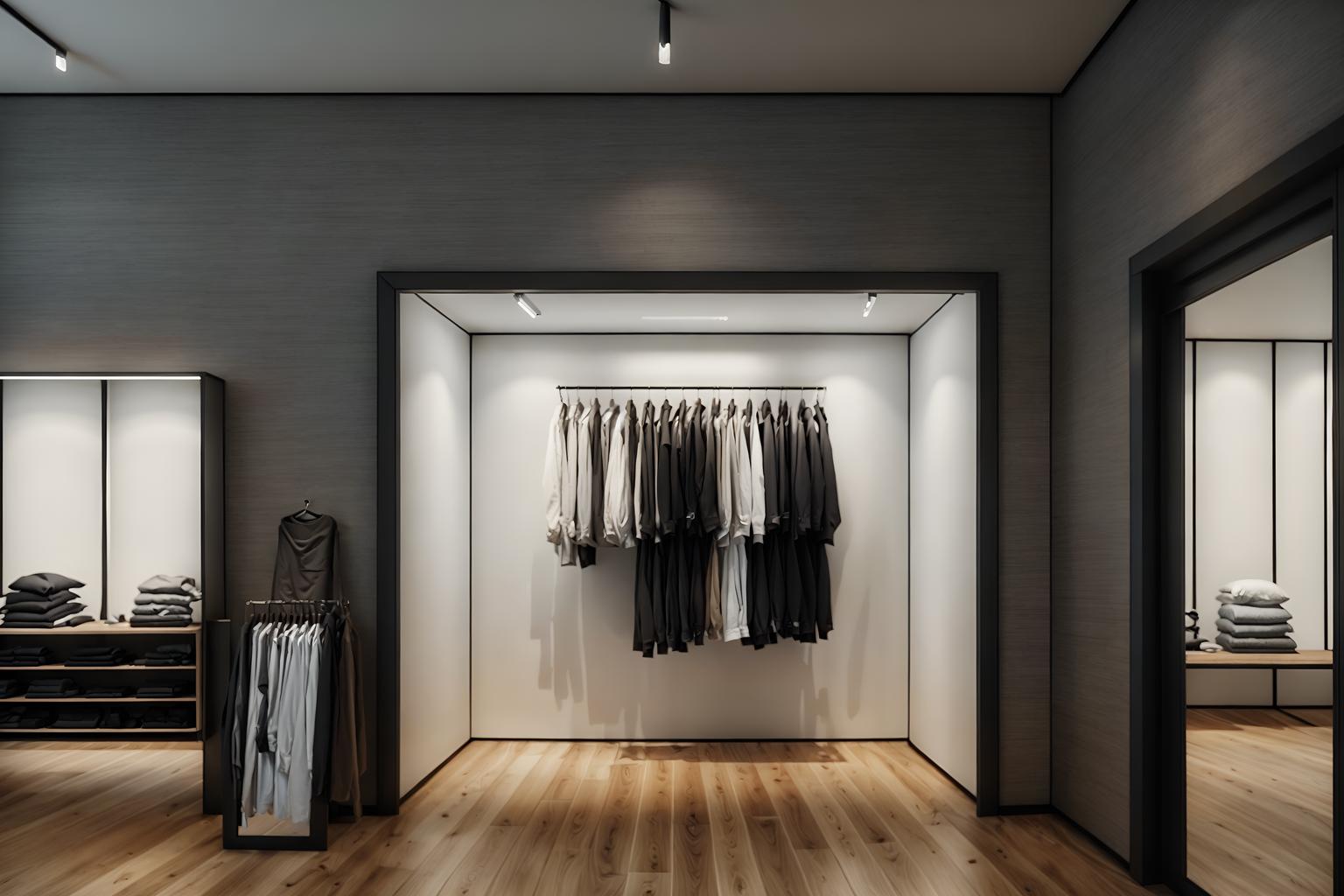 simple-style (clothing store interior) . . cinematic photo, highly detailed, cinematic lighting, ultra-detailed, ultrarealistic, photorealism, 8k. simple interior design style. masterpiece, cinematic light, ultrarealistic+, photorealistic+, 8k, raw photo, realistic, sharp focus on eyes, (symmetrical eyes), (intact eyes), hyperrealistic, highest quality, best quality, , highly detailed, masterpiece, best quality, extremely detailed 8k wallpaper, masterpiece, best quality, ultra-detailed, best shadow, detailed background, detailed face, detailed eyes, high contrast, best illumination, detailed face, dulux, caustic, dynamic angle, detailed glow. dramatic lighting. highly detailed, insanely detailed hair, symmetrical, intricate details, professionally retouched, 8k high definition. strong bokeh. award winning photo.