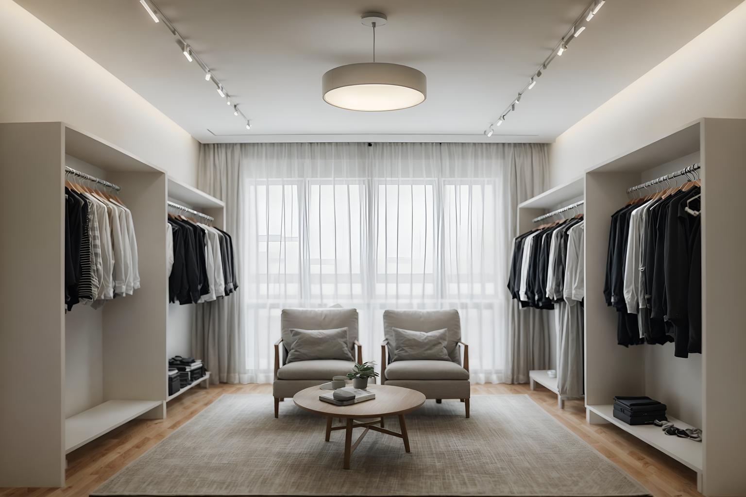 simple-style (clothing store interior) . . cinematic photo, highly detailed, cinematic lighting, ultra-detailed, ultrarealistic, photorealism, 8k. simple interior design style. masterpiece, cinematic light, ultrarealistic+, photorealistic+, 8k, raw photo, realistic, sharp focus on eyes, (symmetrical eyes), (intact eyes), hyperrealistic, highest quality, best quality, , highly detailed, masterpiece, best quality, extremely detailed 8k wallpaper, masterpiece, best quality, ultra-detailed, best shadow, detailed background, detailed face, detailed eyes, high contrast, best illumination, detailed face, dulux, caustic, dynamic angle, detailed glow. dramatic lighting. highly detailed, insanely detailed hair, symmetrical, intricate details, professionally retouched, 8k high definition. strong bokeh. award winning photo.