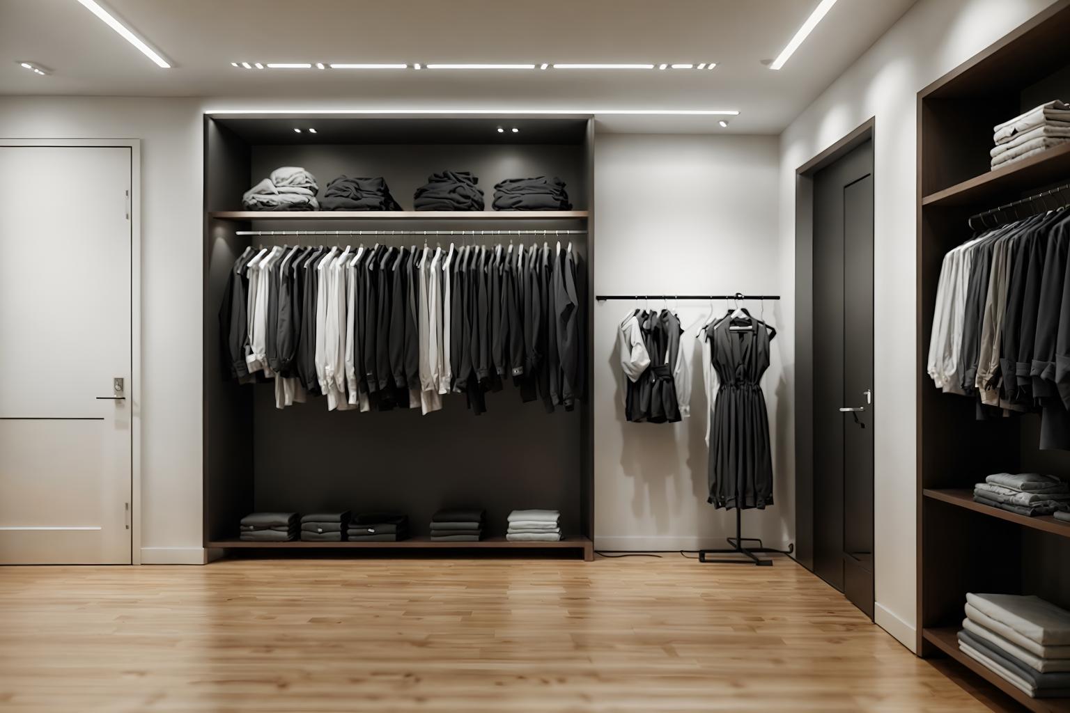 simple-style (clothing store interior) . . cinematic photo, highly detailed, cinematic lighting, ultra-detailed, ultrarealistic, photorealism, 8k. simple interior design style. masterpiece, cinematic light, ultrarealistic+, photorealistic+, 8k, raw photo, realistic, sharp focus on eyes, (symmetrical eyes), (intact eyes), hyperrealistic, highest quality, best quality, , highly detailed, masterpiece, best quality, extremely detailed 8k wallpaper, masterpiece, best quality, ultra-detailed, best shadow, detailed background, detailed face, detailed eyes, high contrast, best illumination, detailed face, dulux, caustic, dynamic angle, detailed glow. dramatic lighting. highly detailed, insanely detailed hair, symmetrical, intricate details, professionally retouched, 8k high definition. strong bokeh. award winning photo.