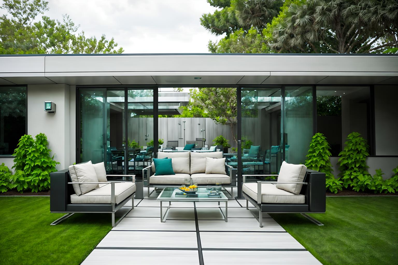 futuristic-style designed (outdoor patio ) with deck with deck chairs and plant and patio couch with pillows and grass and barbeque or grill and deck with deck chairs. . with glass panes and futuristic and minimalist clean lines and monochromatic palette and smooth polished marble and smooth marble and strong geometric walls and steel finishing. . cinematic photo, highly detailed, cinematic lighting, ultra-detailed, ultrarealistic, photorealism, 8k. futuristic design style. masterpiece, cinematic light, ultrarealistic+, photorealistic+, 8k, raw photo, realistic, sharp focus on eyes, (symmetrical eyes), (intact eyes), hyperrealistic, highest quality, best quality, , highly detailed, masterpiece, best quality, extremely detailed 8k wallpaper, masterpiece, best quality, ultra-detailed, best shadow, detailed background, detailed face, detailed eyes, high contrast, best illumination, detailed face, dulux, caustic, dynamic angle, detailed glow. dramatic lighting. highly detailed, insanely detailed hair, symmetrical, intricate details, professionally retouched, 8k high definition. strong bokeh. award winning photo.