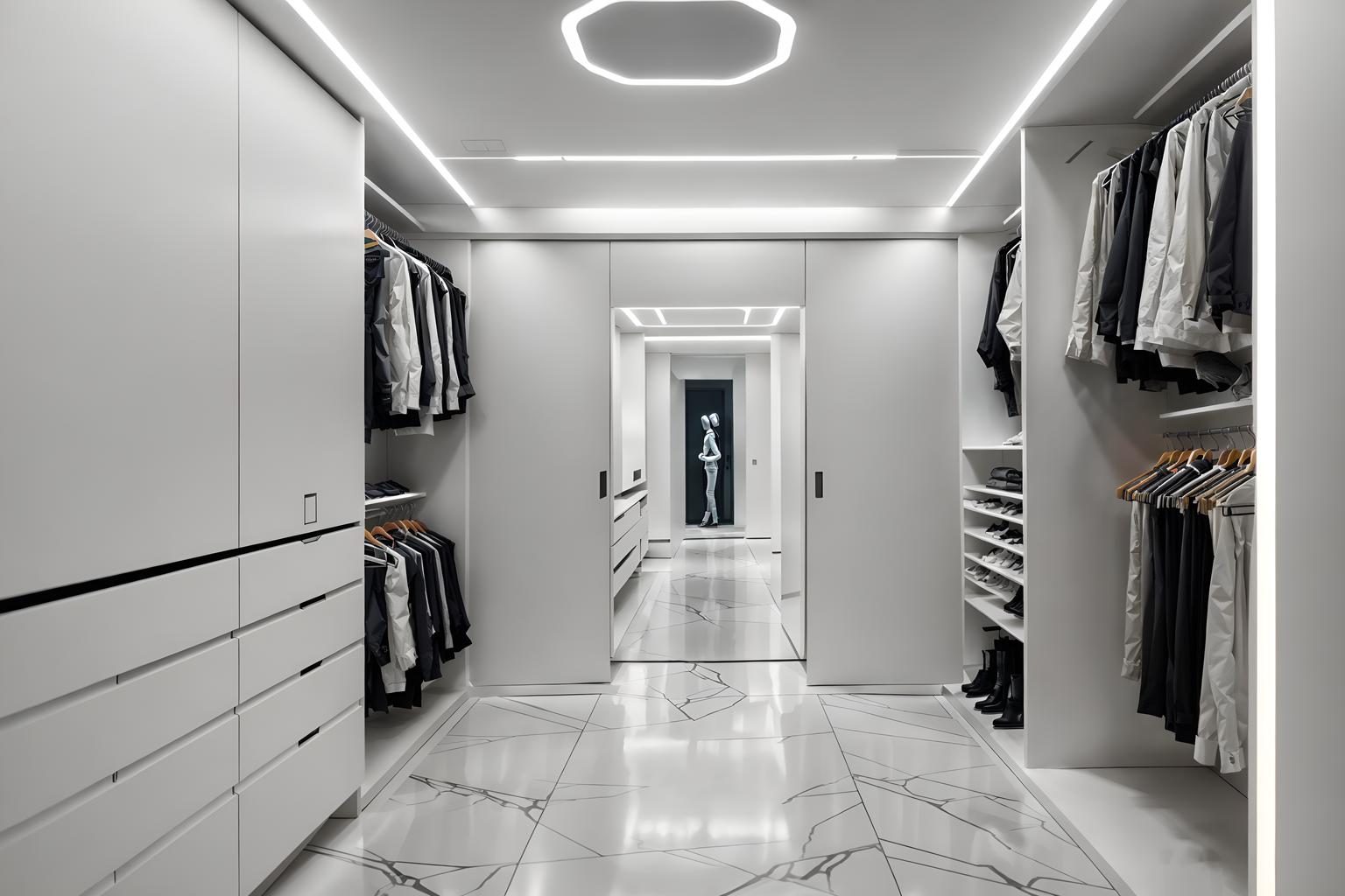 futuristic-style (walk in closet interior) . with neutral background and bright accents and spaceship interior and futurism minimalist interior and smooth marble and monochromatic palette and strong geometric walls and circular shapes and minimalist clean lines. . cinematic photo, highly detailed, cinematic lighting, ultra-detailed, ultrarealistic, photorealism, 8k. futuristic interior design style. masterpiece, cinematic light, ultrarealistic+, photorealistic+, 8k, raw photo, realistic, sharp focus on eyes, (symmetrical eyes), (intact eyes), hyperrealistic, highest quality, best quality, , highly detailed, masterpiece, best quality, extremely detailed 8k wallpaper, masterpiece, best quality, ultra-detailed, best shadow, detailed background, detailed face, detailed eyes, high contrast, best illumination, detailed face, dulux, caustic, dynamic angle, detailed glow. dramatic lighting. highly detailed, insanely detailed hair, symmetrical, intricate details, professionally retouched, 8k high definition. strong bokeh. award winning photo.