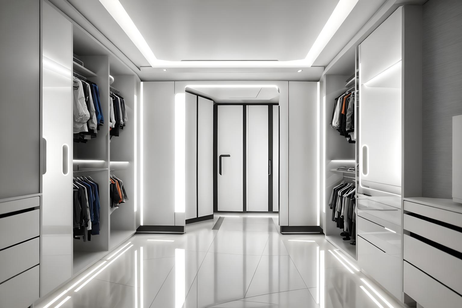 futuristic-style (walk in closet interior) . with neutral background and bright accents and spaceship interior and futurism minimalist interior and smooth marble and monochromatic palette and strong geometric walls and circular shapes and minimalist clean lines. . cinematic photo, highly detailed, cinematic lighting, ultra-detailed, ultrarealistic, photorealism, 8k. futuristic interior design style. masterpiece, cinematic light, ultrarealistic+, photorealistic+, 8k, raw photo, realistic, sharp focus on eyes, (symmetrical eyes), (intact eyes), hyperrealistic, highest quality, best quality, , highly detailed, masterpiece, best quality, extremely detailed 8k wallpaper, masterpiece, best quality, ultra-detailed, best shadow, detailed background, detailed face, detailed eyes, high contrast, best illumination, detailed face, dulux, caustic, dynamic angle, detailed glow. dramatic lighting. highly detailed, insanely detailed hair, symmetrical, intricate details, professionally retouched, 8k high definition. strong bokeh. award winning photo.