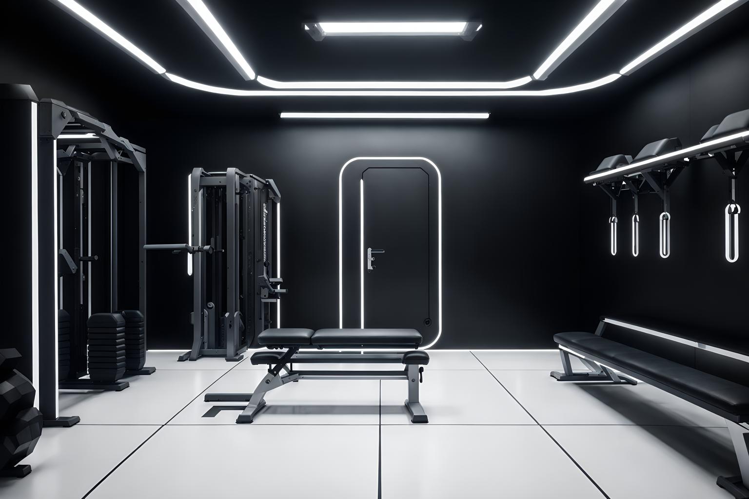 futuristic-style (fitness gym interior) with dumbbell stand and exercise bicycle and crosstrainer and bench press and squat rack and dumbbell stand. . with futurism minimalist interior and spaceship interior and monochromatic palette and floating surfaces and steel finishing and futuristic interior and minimalist clean lines and strong geometric walls. . cinematic photo, highly detailed, cinematic lighting, ultra-detailed, ultrarealistic, photorealism, 8k. futuristic interior design style. masterpiece, cinematic light, ultrarealistic+, photorealistic+, 8k, raw photo, realistic, sharp focus on eyes, (symmetrical eyes), (intact eyes), hyperrealistic, highest quality, best quality, , highly detailed, masterpiece, best quality, extremely detailed 8k wallpaper, masterpiece, best quality, ultra-detailed, best shadow, detailed background, detailed face, detailed eyes, high contrast, best illumination, detailed face, dulux, caustic, dynamic angle, detailed glow. dramatic lighting. highly detailed, insanely detailed hair, symmetrical, intricate details, professionally retouched, 8k high definition. strong bokeh. award winning photo.