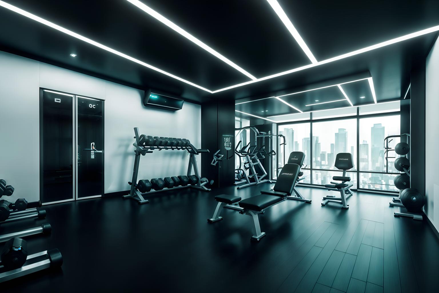 futuristic-style (fitness gym interior) with dumbbell stand and exercise bicycle and crosstrainer and bench press and squat rack and dumbbell stand. . with futurism minimalist interior and spaceship interior and monochromatic palette and floating surfaces and steel finishing and futuristic interior and minimalist clean lines and strong geometric walls. . cinematic photo, highly detailed, cinematic lighting, ultra-detailed, ultrarealistic, photorealism, 8k. futuristic interior design style. masterpiece, cinematic light, ultrarealistic+, photorealistic+, 8k, raw photo, realistic, sharp focus on eyes, (symmetrical eyes), (intact eyes), hyperrealistic, highest quality, best quality, , highly detailed, masterpiece, best quality, extremely detailed 8k wallpaper, masterpiece, best quality, ultra-detailed, best shadow, detailed background, detailed face, detailed eyes, high contrast, best illumination, detailed face, dulux, caustic, dynamic angle, detailed glow. dramatic lighting. highly detailed, insanely detailed hair, symmetrical, intricate details, professionally retouched, 8k high definition. strong bokeh. award winning photo.