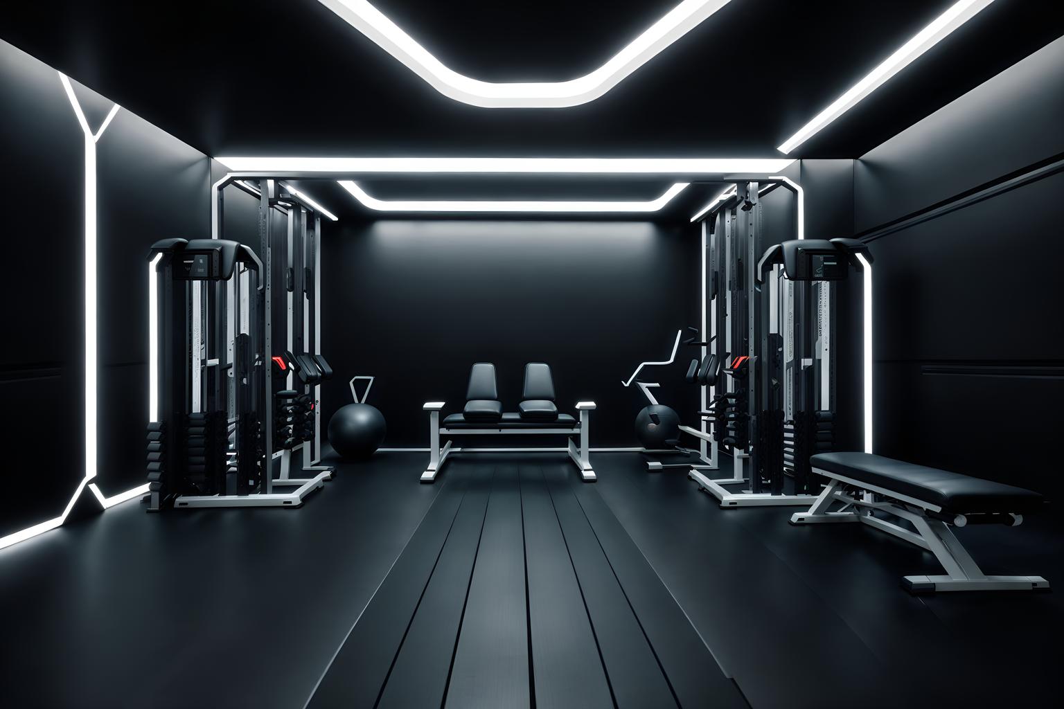 futuristic-style (fitness gym interior) with dumbbell stand and exercise bicycle and crosstrainer and bench press and squat rack and dumbbell stand. . with futurism minimalist interior and spaceship interior and monochromatic palette and floating surfaces and steel finishing and futuristic interior and minimalist clean lines and strong geometric walls. . cinematic photo, highly detailed, cinematic lighting, ultra-detailed, ultrarealistic, photorealism, 8k. futuristic interior design style. masterpiece, cinematic light, ultrarealistic+, photorealistic+, 8k, raw photo, realistic, sharp focus on eyes, (symmetrical eyes), (intact eyes), hyperrealistic, highest quality, best quality, , highly detailed, masterpiece, best quality, extremely detailed 8k wallpaper, masterpiece, best quality, ultra-detailed, best shadow, detailed background, detailed face, detailed eyes, high contrast, best illumination, detailed face, dulux, caustic, dynamic angle, detailed glow. dramatic lighting. highly detailed, insanely detailed hair, symmetrical, intricate details, professionally retouched, 8k high definition. strong bokeh. award winning photo.