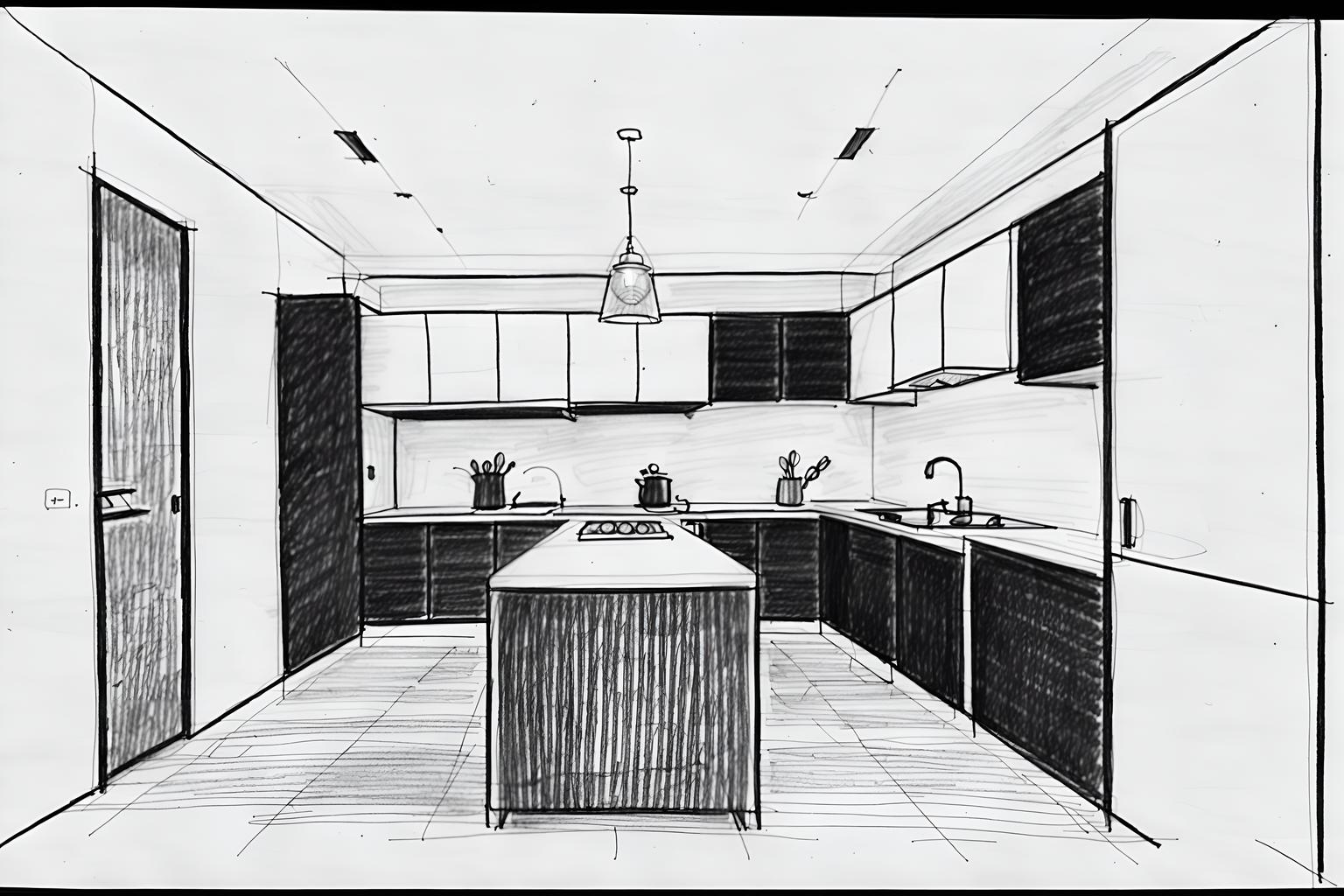 (hand-drawn monochrome black and white sketch line drawing)++ of sketch-style (kitchen) apartment interior. a sketch of interior. with . . a sketch of interior. with sink and kitchen cabinets and worktops. trending on artstation. black and white line drawing sketch without colors. masterpiece, cinematic light, ultrarealistic+, photorealistic+, 8k, raw photo, realistic, sharp focus on eyes, (symmetrical eyes), (intact eyes), hyperrealistic, highest quality, best quality, , highly detailed, masterpiece, best quality, extremely detailed 8k wallpaper, masterpiece, best quality, ultra-detailed, best shadow, detailed background, detailed face, detailed eyes, high contrast, best illumination, detailed face, dulux, caustic, dynamic angle, detailed glow. dramatic lighting. highly detailed, insanely detailed hair, symmetrical, intricate details, professionally retouched, 8k high definition. strong bokeh. award winning photo.