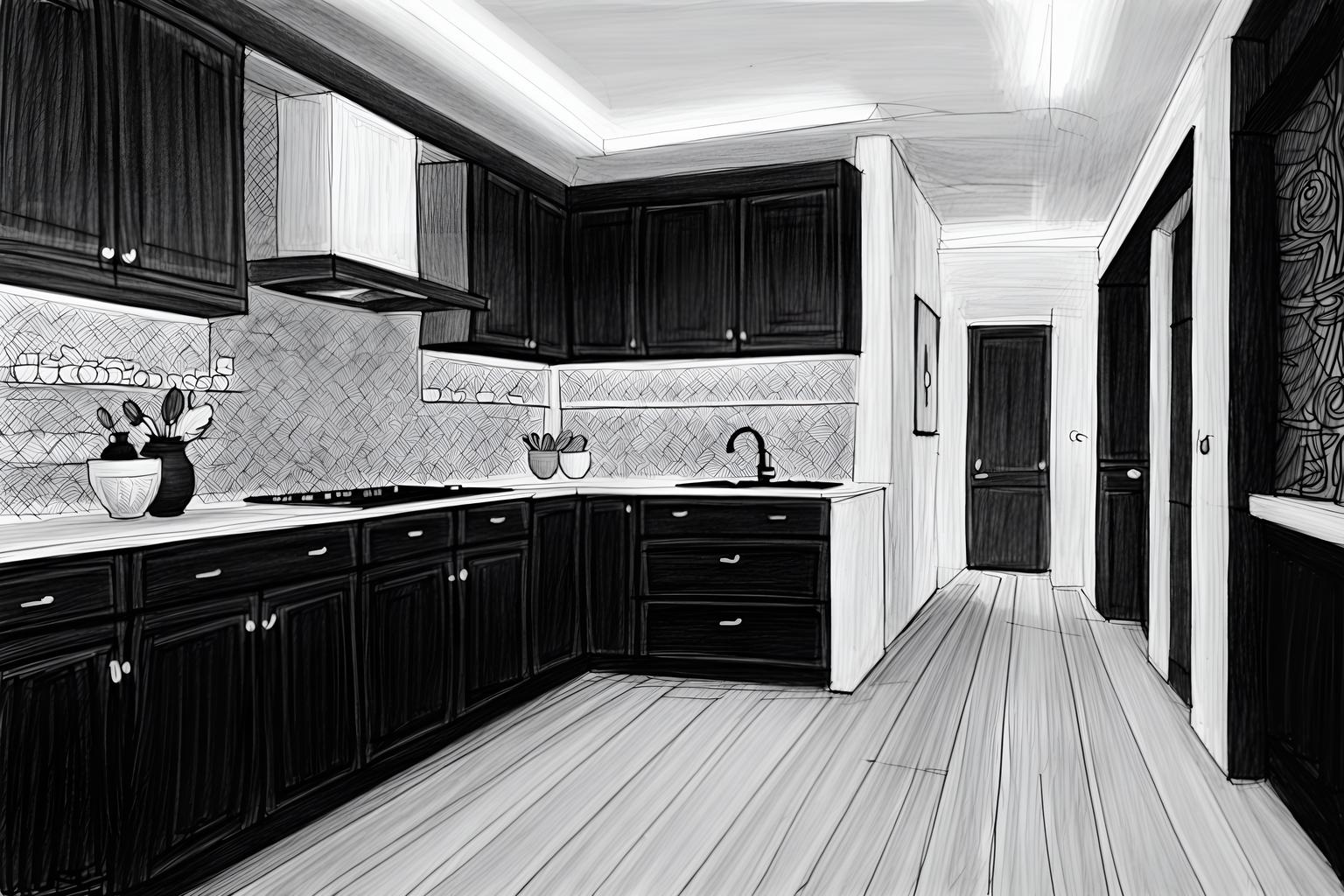 (hand-drawn monochrome black and white sketch line drawing)++ of sketch-style (kitchen) apartment interior. a sketch of interior. with . . a sketch of interior. with sink and kitchen cabinets and worktops. trending on artstation. black and white line drawing sketch without colors. masterpiece, cinematic light, ultrarealistic+, photorealistic+, 8k, raw photo, realistic, sharp focus on eyes, (symmetrical eyes), (intact eyes), hyperrealistic, highest quality, best quality, , highly detailed, masterpiece, best quality, extremely detailed 8k wallpaper, masterpiece, best quality, ultra-detailed, best shadow, detailed background, detailed face, detailed eyes, high contrast, best illumination, detailed face, dulux, caustic, dynamic angle, detailed glow. dramatic lighting. highly detailed, insanely detailed hair, symmetrical, intricate details, professionally retouched, 8k high definition. strong bokeh. award winning photo.