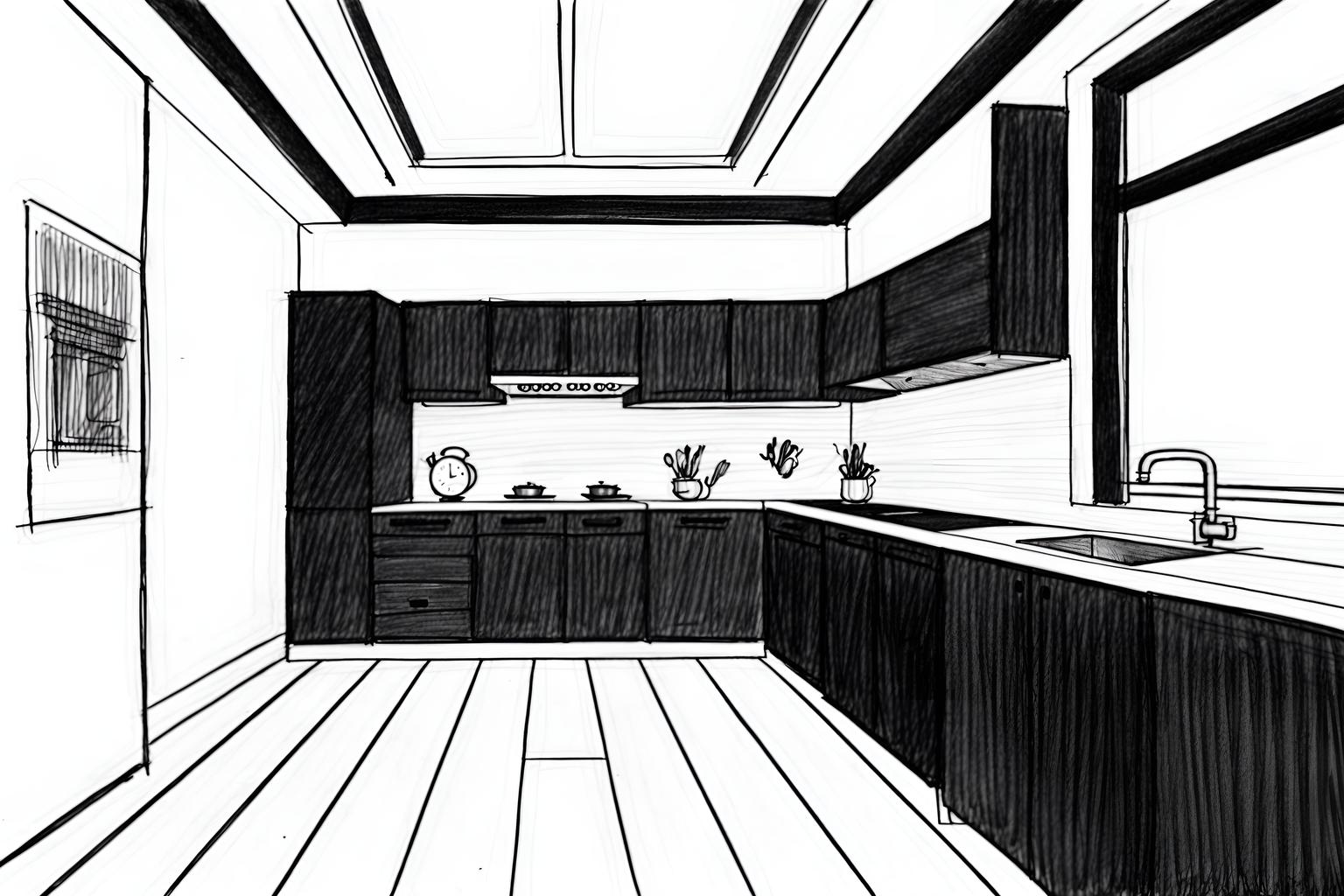 (hand-drawn monochrome black and white sketch line drawing)++ of sketch-style (kitchen) apartment interior. a sketch of interior. with . . a sketch of interior. with sink and kitchen cabinets and worktops. trending on artstation. black and white line drawing sketch without colors. masterpiece, cinematic light, ultrarealistic+, photorealistic+, 8k, raw photo, realistic, sharp focus on eyes, (symmetrical eyes), (intact eyes), hyperrealistic, highest quality, best quality, , highly detailed, masterpiece, best quality, extremely detailed 8k wallpaper, masterpiece, best quality, ultra-detailed, best shadow, detailed background, detailed face, detailed eyes, high contrast, best illumination, detailed face, dulux, caustic, dynamic angle, detailed glow. dramatic lighting. highly detailed, insanely detailed hair, symmetrical, intricate details, professionally retouched, 8k high definition. strong bokeh. award winning photo.