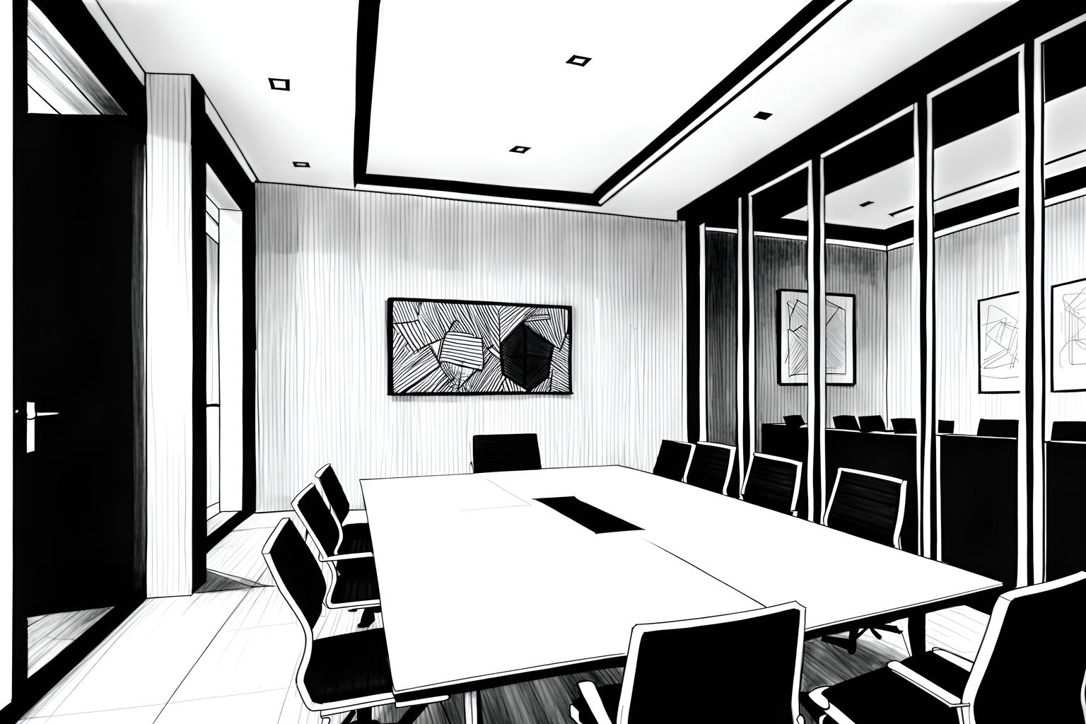 (hand-drawn monochrome black and white sketch line drawing)++ of sketch-style (meeting room) apartment interior. a sketch of interior. with . . a sketch of interior. with glass walls and glass doors and boardroom table. trending on artstation. black and white line drawing sketch without colors. masterpiece, cinematic light, ultrarealistic+, photorealistic+, 8k, raw photo, realistic, sharp focus on eyes, (symmetrical eyes), (intact eyes), hyperrealistic, highest quality, best quality, , highly detailed, masterpiece, best quality, extremely detailed 8k wallpaper, masterpiece, best quality, ultra-detailed, best shadow, detailed background, detailed face, detailed eyes, high contrast, best illumination, detailed face, dulux, caustic, dynamic angle, detailed glow. dramatic lighting. highly detailed, insanely detailed hair, symmetrical, intricate details, professionally retouched, 8k high definition. strong bokeh. award winning photo.