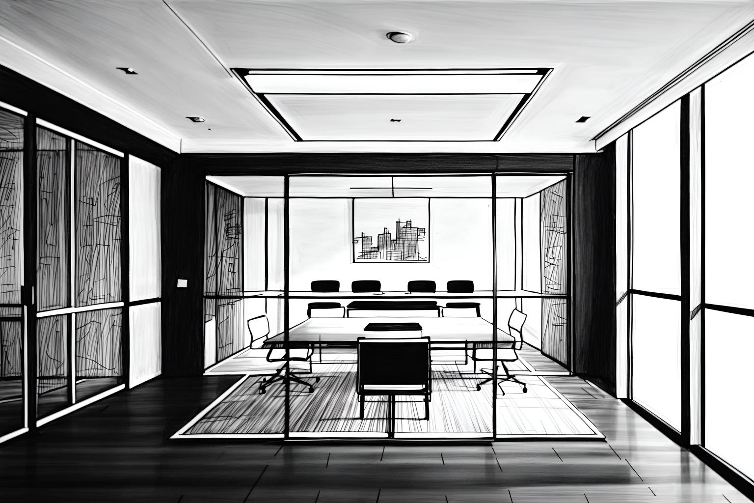 (hand-drawn monochrome black and white sketch line drawing)++ of sketch-style (meeting room) apartment interior. a sketch of interior. with . . a sketch of interior. with glass walls and glass doors and boardroom table. trending on artstation. black and white line drawing sketch without colors. masterpiece, cinematic light, ultrarealistic+, photorealistic+, 8k, raw photo, realistic, sharp focus on eyes, (symmetrical eyes), (intact eyes), hyperrealistic, highest quality, best quality, , highly detailed, masterpiece, best quality, extremely detailed 8k wallpaper, masterpiece, best quality, ultra-detailed, best shadow, detailed background, detailed face, detailed eyes, high contrast, best illumination, detailed face, dulux, caustic, dynamic angle, detailed glow. dramatic lighting. highly detailed, insanely detailed hair, symmetrical, intricate details, professionally retouched, 8k high definition. strong bokeh. award winning photo.