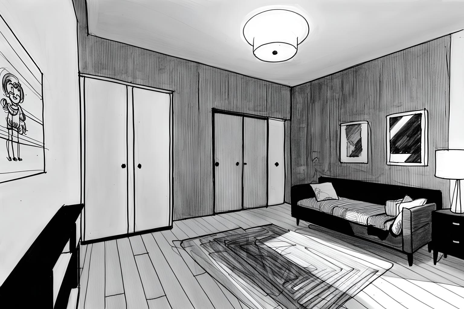 (hand-drawn monochrome black and white sketch line drawing)++ of sketch-style (kids room) apartment interior. a sketch of interior. with . . a sketch of interior. with night light and dresser closet and kids desk. trending on artstation. black and white line drawing sketch without colors. masterpiece, cinematic light, ultrarealistic+, photorealistic+, 8k, raw photo, realistic, sharp focus on eyes, (symmetrical eyes), (intact eyes), hyperrealistic, highest quality, best quality, , highly detailed, masterpiece, best quality, extremely detailed 8k wallpaper, masterpiece, best quality, ultra-detailed, best shadow, detailed background, detailed face, detailed eyes, high contrast, best illumination, detailed face, dulux, caustic, dynamic angle, detailed glow. dramatic lighting. highly detailed, insanely detailed hair, symmetrical, intricate details, professionally retouched, 8k high definition. strong bokeh. award winning photo.