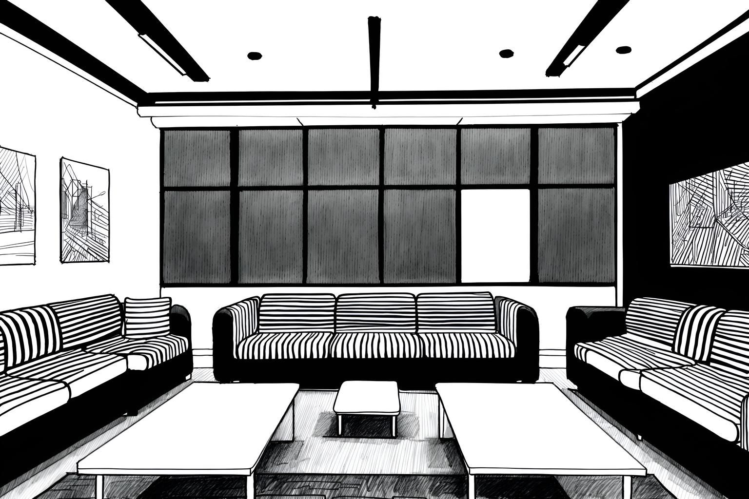 (hand-drawn monochrome black and white sketch line drawing)++ of sketch-style (coworking space) apartment interior. a sketch of interior. with . . a sketch of interior. with lounge chairs and office desks and seating area with sofa. trending on artstation. black and white line drawing sketch without colors. masterpiece, cinematic light, ultrarealistic+, photorealistic+, 8k, raw photo, realistic, sharp focus on eyes, (symmetrical eyes), (intact eyes), hyperrealistic, highest quality, best quality, , highly detailed, masterpiece, best quality, extremely detailed 8k wallpaper, masterpiece, best quality, ultra-detailed, best shadow, detailed background, detailed face, detailed eyes, high contrast, best illumination, detailed face, dulux, caustic, dynamic angle, detailed glow. dramatic lighting. highly detailed, insanely detailed hair, symmetrical, intricate details, professionally retouched, 8k high definition. strong bokeh. award winning photo.