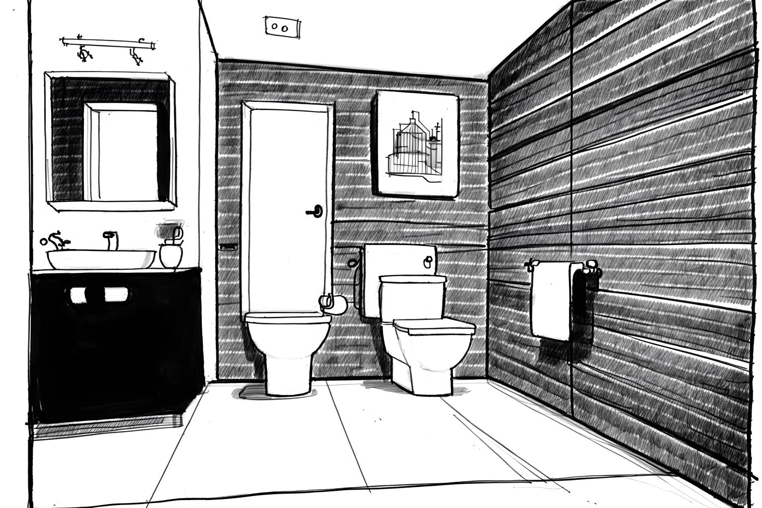 (hand-drawn monochrome black and white sketch line drawing)++ of sketch-style (toilet) apartment interior. a sketch of interior. with . . a sketch of interior. with sink with tap and toilet with toilet seat up and toilet paper hanger. trending on artstation. black and white line drawing sketch without colors. masterpiece, cinematic light, ultrarealistic+, photorealistic+, 8k, raw photo, realistic, sharp focus on eyes, (symmetrical eyes), (intact eyes), hyperrealistic, highest quality, best quality, , highly detailed, masterpiece, best quality, extremely detailed 8k wallpaper, masterpiece, best quality, ultra-detailed, best shadow, detailed background, detailed face, detailed eyes, high contrast, best illumination, detailed face, dulux, caustic, dynamic angle, detailed glow. dramatic lighting. highly detailed, insanely detailed hair, symmetrical, intricate details, professionally retouched, 8k high definition. strong bokeh. award winning photo.