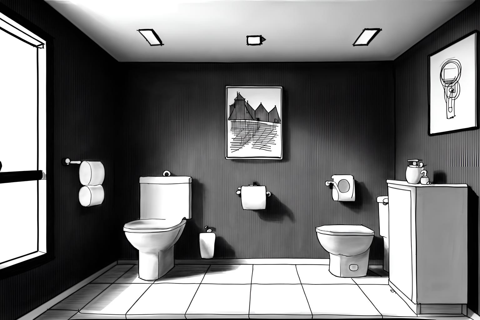 (hand-drawn monochrome black and white sketch line drawing)++ of sketch-style (toilet) apartment interior. a sketch of interior. with . . a sketch of interior. with sink with tap and toilet with toilet seat up and toilet paper hanger. trending on artstation. black and white line drawing sketch without colors. masterpiece, cinematic light, ultrarealistic+, photorealistic+, 8k, raw photo, realistic, sharp focus on eyes, (symmetrical eyes), (intact eyes), hyperrealistic, highest quality, best quality, , highly detailed, masterpiece, best quality, extremely detailed 8k wallpaper, masterpiece, best quality, ultra-detailed, best shadow, detailed background, detailed face, detailed eyes, high contrast, best illumination, detailed face, dulux, caustic, dynamic angle, detailed glow. dramatic lighting. highly detailed, insanely detailed hair, symmetrical, intricate details, professionally retouched, 8k high definition. strong bokeh. award winning photo.