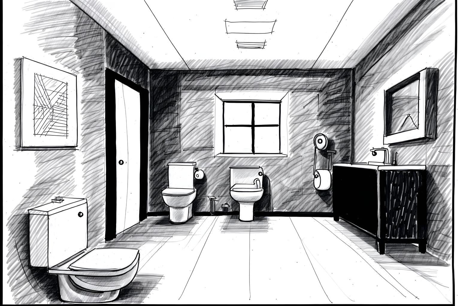 (hand-drawn monochrome black and white sketch line drawing)++ of sketch-style (toilet) apartment interior. a sketch of interior. with . . a sketch of interior. with sink with tap and toilet with toilet seat up and toilet paper hanger. trending on artstation. black and white line drawing sketch without colors. masterpiece, cinematic light, ultrarealistic+, photorealistic+, 8k, raw photo, realistic, sharp focus on eyes, (symmetrical eyes), (intact eyes), hyperrealistic, highest quality, best quality, , highly detailed, masterpiece, best quality, extremely detailed 8k wallpaper, masterpiece, best quality, ultra-detailed, best shadow, detailed background, detailed face, detailed eyes, high contrast, best illumination, detailed face, dulux, caustic, dynamic angle, detailed glow. dramatic lighting. highly detailed, insanely detailed hair, symmetrical, intricate details, professionally retouched, 8k high definition. strong bokeh. award winning photo.