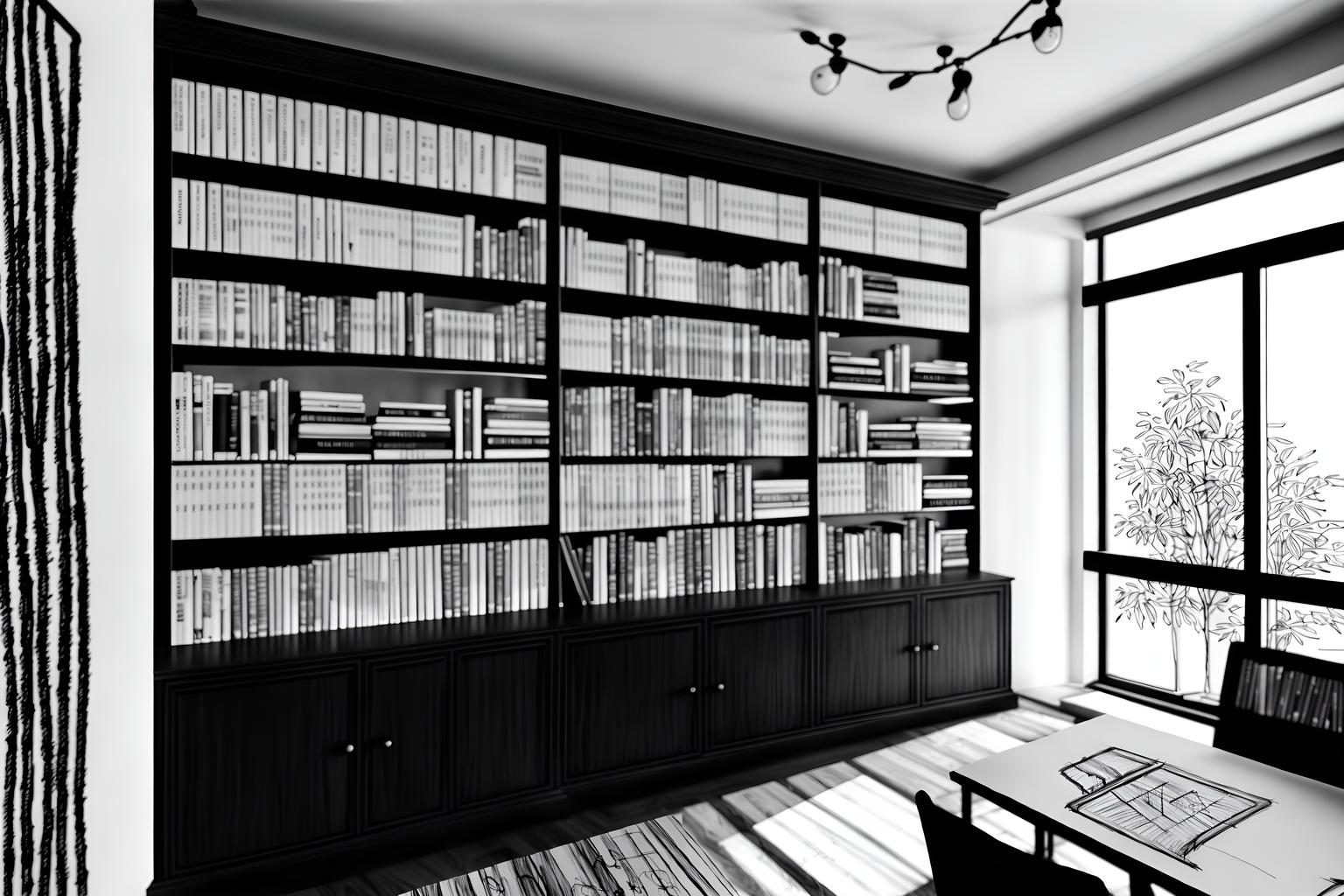 (hand-drawn monochrome black and white sketch line drawing)++ of sketch-style (study room) apartment interior. a sketch of interior. with . . a sketch of interior. with bookshelves and plant and cabinets. trending on artstation. black and white line drawing sketch without colors. masterpiece, cinematic light, ultrarealistic+, photorealistic+, 8k, raw photo, realistic, sharp focus on eyes, (symmetrical eyes), (intact eyes), hyperrealistic, highest quality, best quality, , highly detailed, masterpiece, best quality, extremely detailed 8k wallpaper, masterpiece, best quality, ultra-detailed, best shadow, detailed background, detailed face, detailed eyes, high contrast, best illumination, detailed face, dulux, caustic, dynamic angle, detailed glow. dramatic lighting. highly detailed, insanely detailed hair, symmetrical, intricate details, professionally retouched, 8k high definition. strong bokeh. award winning photo.