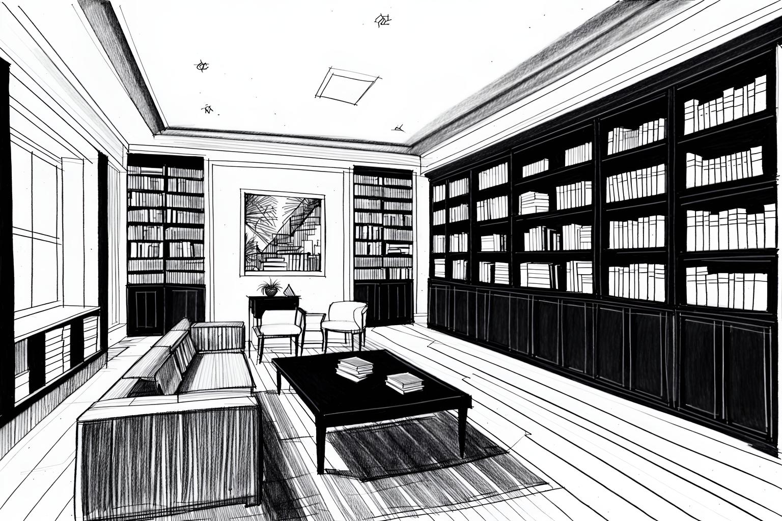 (hand-drawn monochrome black and white sketch line drawing)++ of sketch-style (study room) apartment interior. a sketch of interior. with . . a sketch of interior. with bookshelves and plant and cabinets. trending on artstation. black and white line drawing sketch without colors. masterpiece, cinematic light, ultrarealistic+, photorealistic+, 8k, raw photo, realistic, sharp focus on eyes, (symmetrical eyes), (intact eyes), hyperrealistic, highest quality, best quality, , highly detailed, masterpiece, best quality, extremely detailed 8k wallpaper, masterpiece, best quality, ultra-detailed, best shadow, detailed background, detailed face, detailed eyes, high contrast, best illumination, detailed face, dulux, caustic, dynamic angle, detailed glow. dramatic lighting. highly detailed, insanely detailed hair, symmetrical, intricate details, professionally retouched, 8k high definition. strong bokeh. award winning photo.