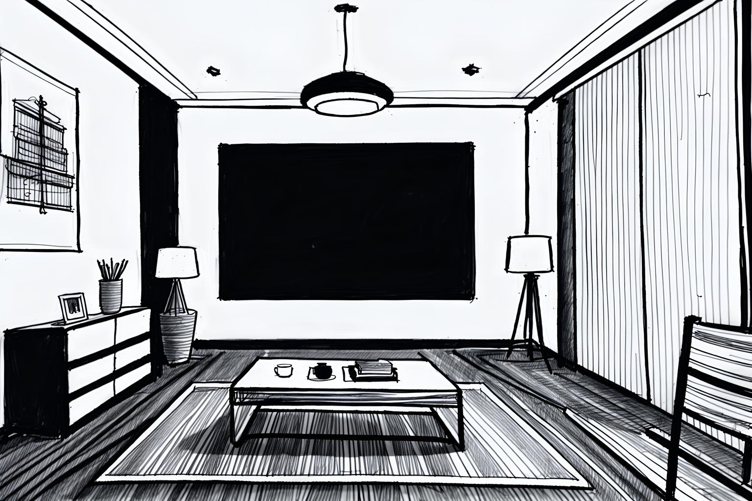 (hand-drawn monochrome black and white sketch line drawing)++ of sketch-style (home office) apartment interior. a sketch of interior. with . . a sketch of interior. with office chair and cabinets and desk lamp. trending on artstation. black and white line drawing sketch without colors. masterpiece, cinematic light, ultrarealistic+, photorealistic+, 8k, raw photo, realistic, sharp focus on eyes, (symmetrical eyes), (intact eyes), hyperrealistic, highest quality, best quality, , highly detailed, masterpiece, best quality, extremely detailed 8k wallpaper, masterpiece, best quality, ultra-detailed, best shadow, detailed background, detailed face, detailed eyes, high contrast, best illumination, detailed face, dulux, caustic, dynamic angle, detailed glow. dramatic lighting. highly detailed, insanely detailed hair, symmetrical, intricate details, professionally retouched, 8k high definition. strong bokeh. award winning photo.