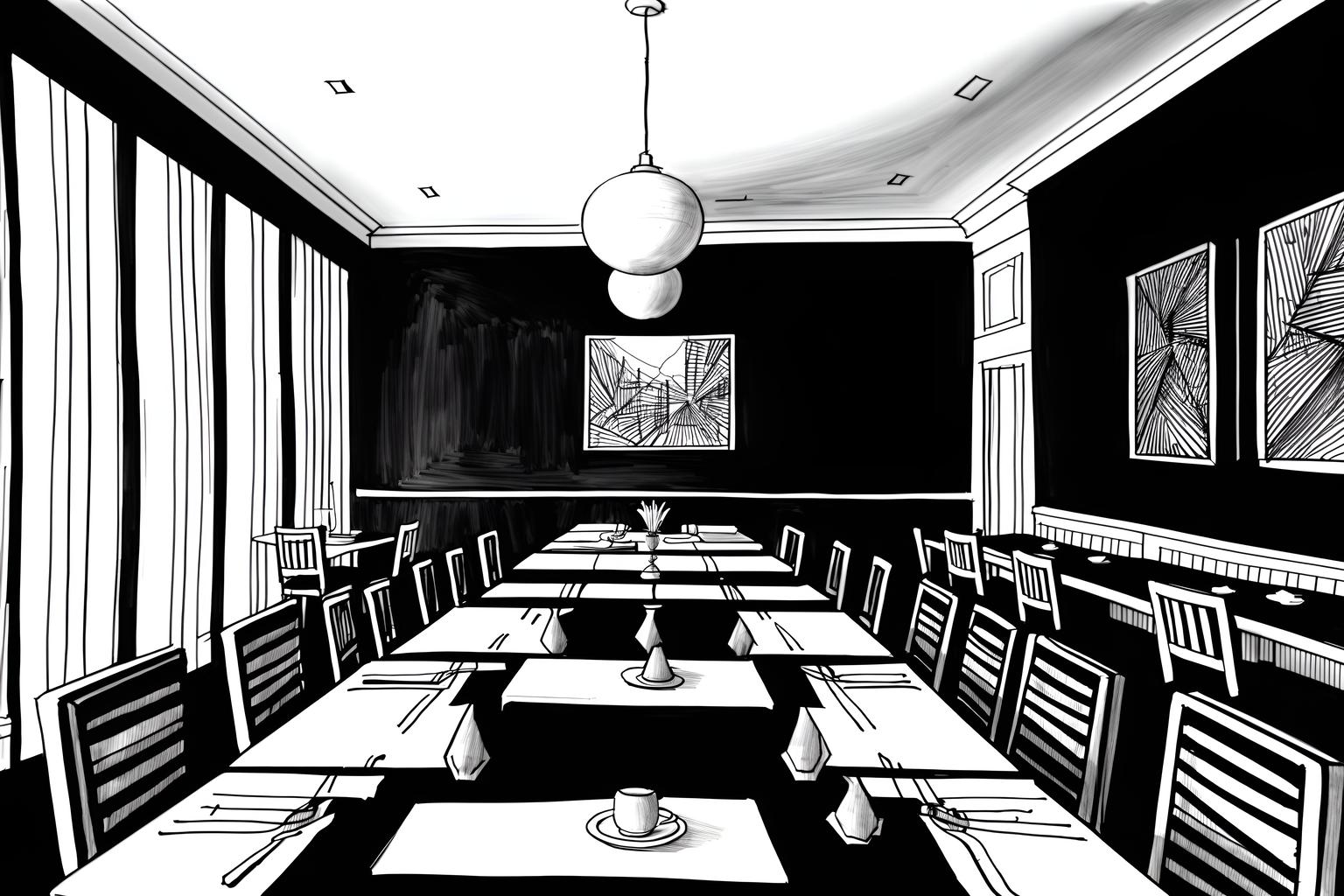 (hand-drawn monochrome black and white sketch line drawing)++ of sketch-style (restaurant) apartment interior. a sketch of interior. with . . a sketch of interior. with restaurant dining tables and restaurant bar and restaurant decor. trending on artstation. black and white line drawing sketch without colors. masterpiece, cinematic light, ultrarealistic+, photorealistic+, 8k, raw photo, realistic, sharp focus on eyes, (symmetrical eyes), (intact eyes), hyperrealistic, highest quality, best quality, , highly detailed, masterpiece, best quality, extremely detailed 8k wallpaper, masterpiece, best quality, ultra-detailed, best shadow, detailed background, detailed face, detailed eyes, high contrast, best illumination, detailed face, dulux, caustic, dynamic angle, detailed glow. dramatic lighting. highly detailed, insanely detailed hair, symmetrical, intricate details, professionally retouched, 8k high definition. strong bokeh. award winning photo.