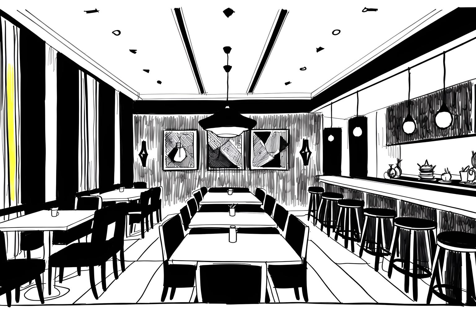 (hand-drawn monochrome black and white sketch line drawing)++ of sketch-style (restaurant) apartment interior. a sketch of interior. with . . a sketch of interior. with restaurant dining tables and restaurant bar and restaurant decor. trending on artstation. black and white line drawing sketch without colors. masterpiece, cinematic light, ultrarealistic+, photorealistic+, 8k, raw photo, realistic, sharp focus on eyes, (symmetrical eyes), (intact eyes), hyperrealistic, highest quality, best quality, , highly detailed, masterpiece, best quality, extremely detailed 8k wallpaper, masterpiece, best quality, ultra-detailed, best shadow, detailed background, detailed face, detailed eyes, high contrast, best illumination, detailed face, dulux, caustic, dynamic angle, detailed glow. dramatic lighting. highly detailed, insanely detailed hair, symmetrical, intricate details, professionally retouched, 8k high definition. strong bokeh. award winning photo.