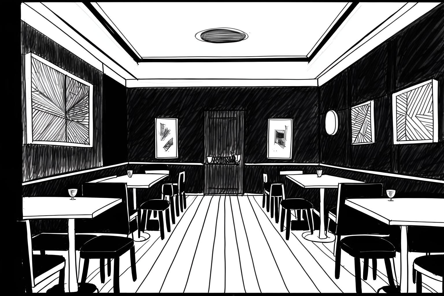 (hand-drawn monochrome black and white sketch line drawing)++ of sketch-style (restaurant) apartment interior. a sketch of interior. with . . a sketch of interior. with restaurant dining tables and restaurant bar and restaurant decor. trending on artstation. black and white line drawing sketch without colors. masterpiece, cinematic light, ultrarealistic+, photorealistic+, 8k, raw photo, realistic, sharp focus on eyes, (symmetrical eyes), (intact eyes), hyperrealistic, highest quality, best quality, , highly detailed, masterpiece, best quality, extremely detailed 8k wallpaper, masterpiece, best quality, ultra-detailed, best shadow, detailed background, detailed face, detailed eyes, high contrast, best illumination, detailed face, dulux, caustic, dynamic angle, detailed glow. dramatic lighting. highly detailed, insanely detailed hair, symmetrical, intricate details, professionally retouched, 8k high definition. strong bokeh. award winning photo.