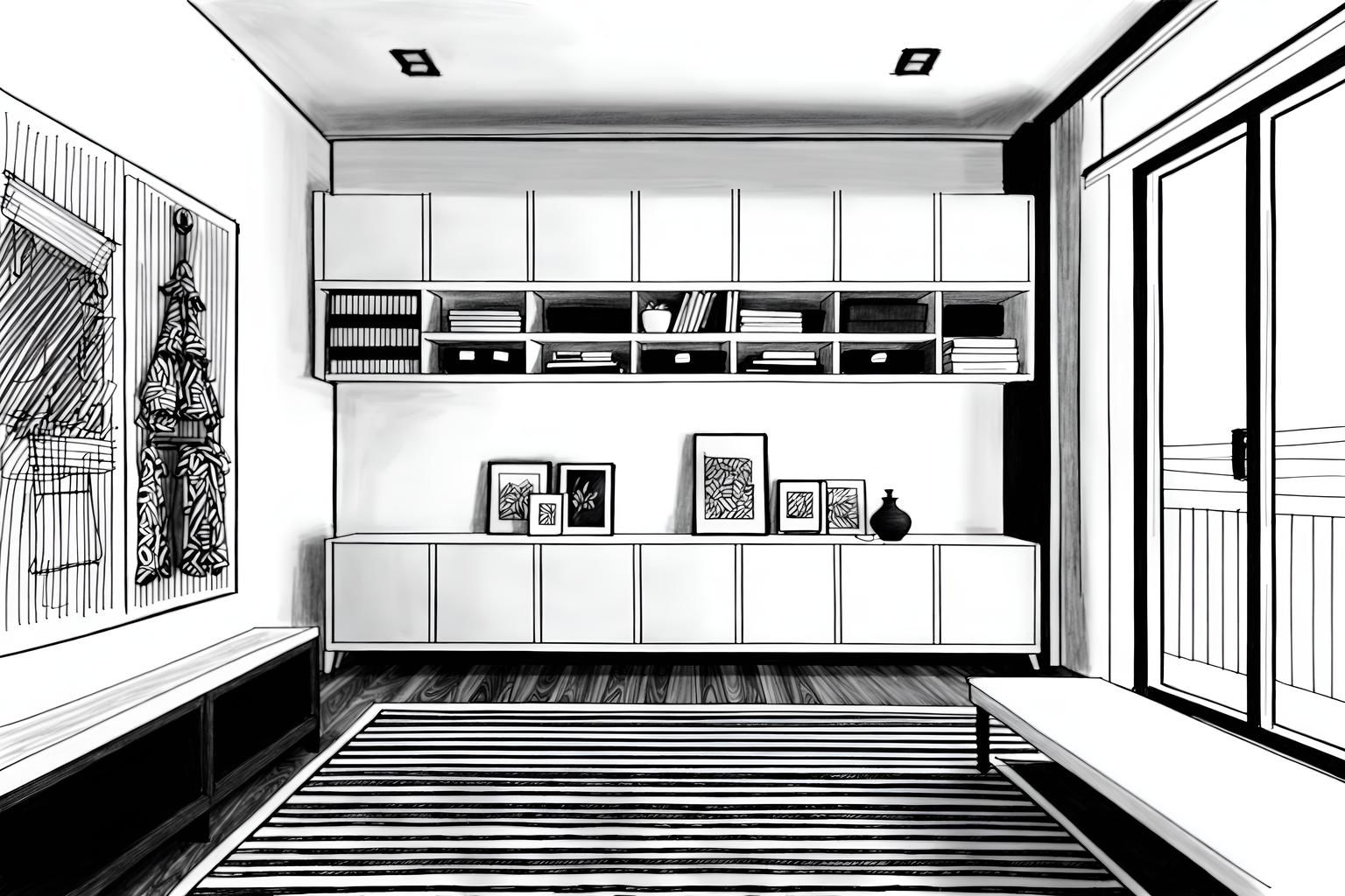 (hand-drawn monochrome black and white sketch line drawing)++ of sketch-style (mudroom) apartment interior. a sketch of interior. with . . a sketch of interior. with a bench and storage drawers and shelves for shoes. trending on artstation. black and white line drawing sketch without colors. masterpiece, cinematic light, ultrarealistic+, photorealistic+, 8k, raw photo, realistic, sharp focus on eyes, (symmetrical eyes), (intact eyes), hyperrealistic, highest quality, best quality, , highly detailed, masterpiece, best quality, extremely detailed 8k wallpaper, masterpiece, best quality, ultra-detailed, best shadow, detailed background, detailed face, detailed eyes, high contrast, best illumination, detailed face, dulux, caustic, dynamic angle, detailed glow. dramatic lighting. highly detailed, insanely detailed hair, symmetrical, intricate details, professionally retouched, 8k high definition. strong bokeh. award winning photo.