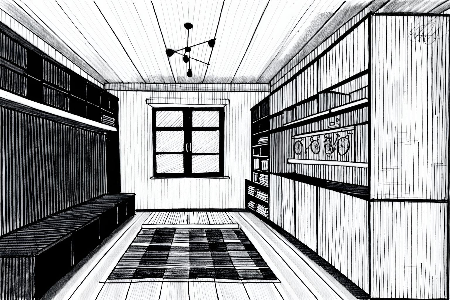 (hand-drawn monochrome black and white sketch line drawing)++ of sketch-style (mudroom) apartment interior. a sketch of interior. with . . a sketch of interior. with a bench and storage drawers and shelves for shoes. trending on artstation. black and white line drawing sketch without colors. masterpiece, cinematic light, ultrarealistic+, photorealistic+, 8k, raw photo, realistic, sharp focus on eyes, (symmetrical eyes), (intact eyes), hyperrealistic, highest quality, best quality, , highly detailed, masterpiece, best quality, extremely detailed 8k wallpaper, masterpiece, best quality, ultra-detailed, best shadow, detailed background, detailed face, detailed eyes, high contrast, best illumination, detailed face, dulux, caustic, dynamic angle, detailed glow. dramatic lighting. highly detailed, insanely detailed hair, symmetrical, intricate details, professionally retouched, 8k high definition. strong bokeh. award winning photo.