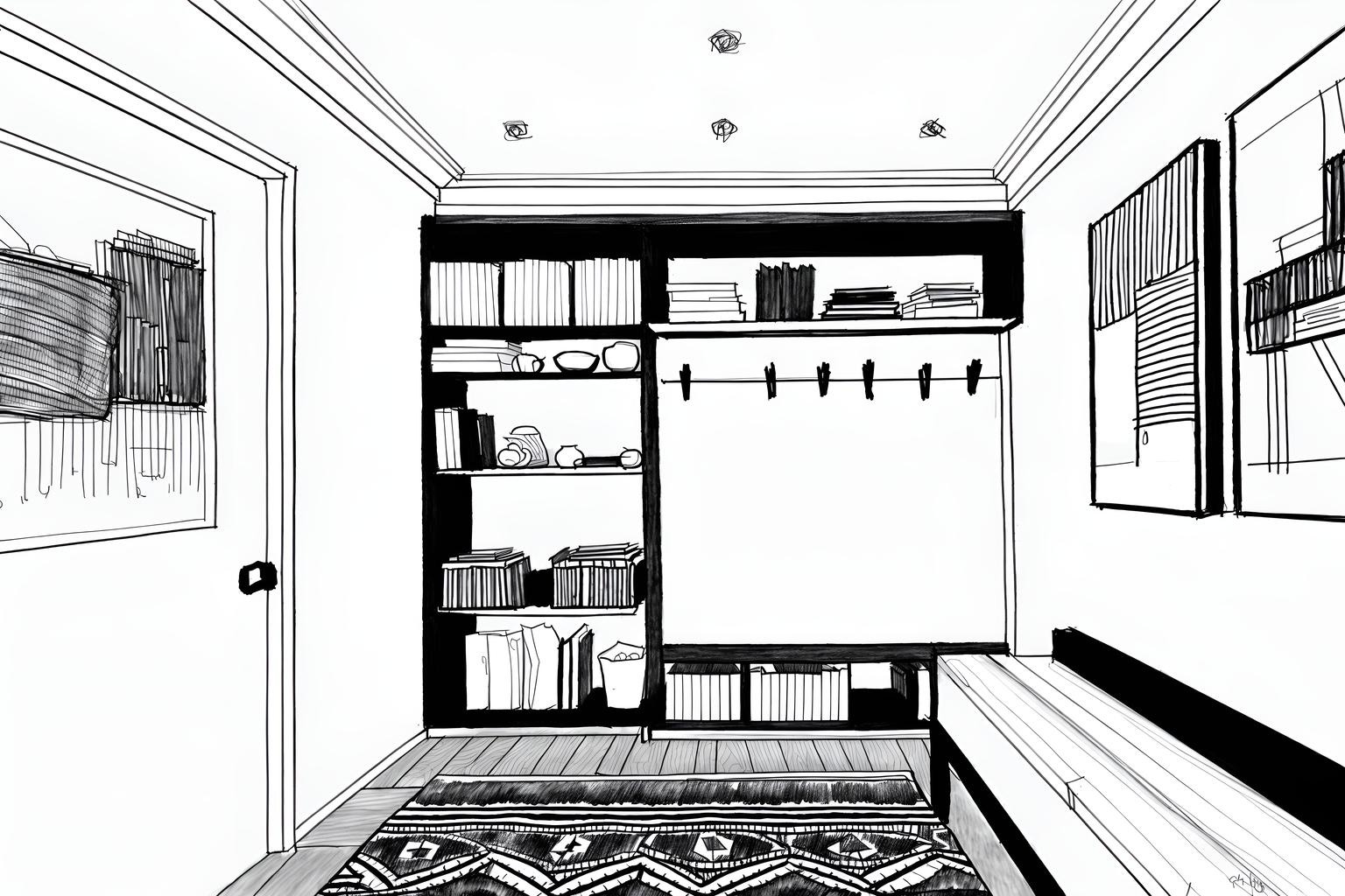 (hand-drawn monochrome black and white sketch line drawing)++ of sketch-style (mudroom) apartment interior. a sketch of interior. with . . a sketch of interior. with a bench and storage drawers and shelves for shoes. trending on artstation. black and white line drawing sketch without colors. masterpiece, cinematic light, ultrarealistic+, photorealistic+, 8k, raw photo, realistic, sharp focus on eyes, (symmetrical eyes), (intact eyes), hyperrealistic, highest quality, best quality, , highly detailed, masterpiece, best quality, extremely detailed 8k wallpaper, masterpiece, best quality, ultra-detailed, best shadow, detailed background, detailed face, detailed eyes, high contrast, best illumination, detailed face, dulux, caustic, dynamic angle, detailed glow. dramatic lighting. highly detailed, insanely detailed hair, symmetrical, intricate details, professionally retouched, 8k high definition. strong bokeh. award winning photo.