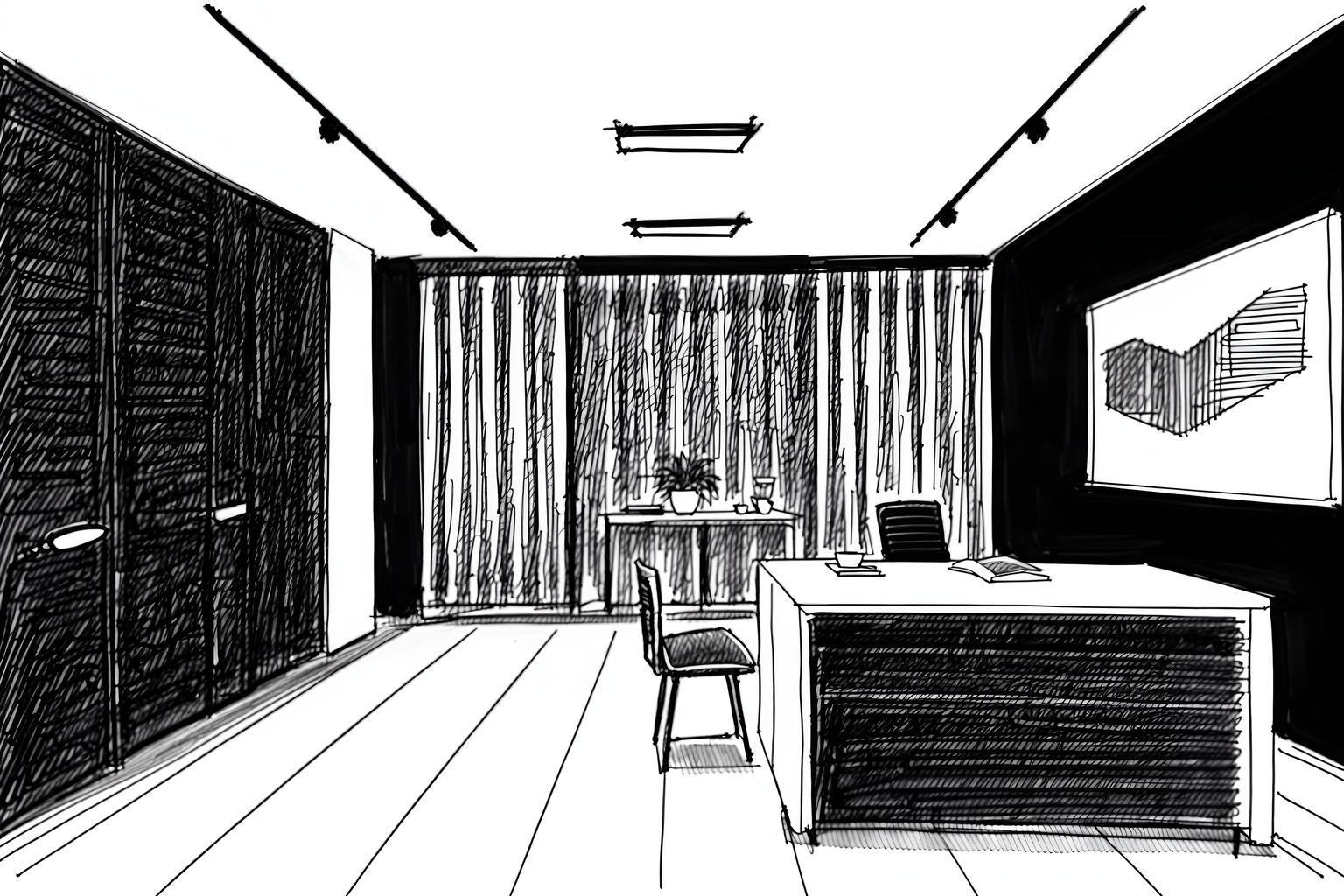 (hand-drawn monochrome black and white sketch line drawing)++ of sketch-style (office) apartment interior. a sketch of interior. with . . a sketch of interior. with desk lamps and office desks and office chairs. trending on artstation. black and white line drawing sketch without colors. masterpiece, cinematic light, ultrarealistic+, photorealistic+, 8k, raw photo, realistic, sharp focus on eyes, (symmetrical eyes), (intact eyes), hyperrealistic, highest quality, best quality, , highly detailed, masterpiece, best quality, extremely detailed 8k wallpaper, masterpiece, best quality, ultra-detailed, best shadow, detailed background, detailed face, detailed eyes, high contrast, best illumination, detailed face, dulux, caustic, dynamic angle, detailed glow. dramatic lighting. highly detailed, insanely detailed hair, symmetrical, intricate details, professionally retouched, 8k high definition. strong bokeh. award winning photo.