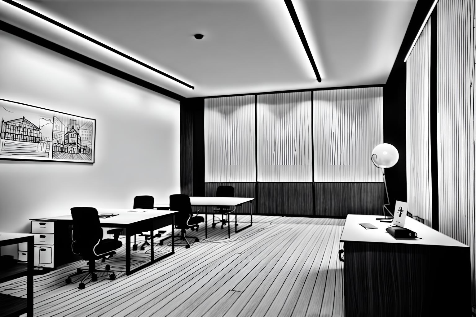 (hand-drawn monochrome black and white sketch line drawing)++ of sketch-style (office) apartment interior. a sketch of interior. with . . a sketch of interior. with desk lamps and office desks and office chairs. trending on artstation. black and white line drawing sketch without colors. masterpiece, cinematic light, ultrarealistic+, photorealistic+, 8k, raw photo, realistic, sharp focus on eyes, (symmetrical eyes), (intact eyes), hyperrealistic, highest quality, best quality, , highly detailed, masterpiece, best quality, extremely detailed 8k wallpaper, masterpiece, best quality, ultra-detailed, best shadow, detailed background, detailed face, detailed eyes, high contrast, best illumination, detailed face, dulux, caustic, dynamic angle, detailed glow. dramatic lighting. highly detailed, insanely detailed hair, symmetrical, intricate details, professionally retouched, 8k high definition. strong bokeh. award winning photo.