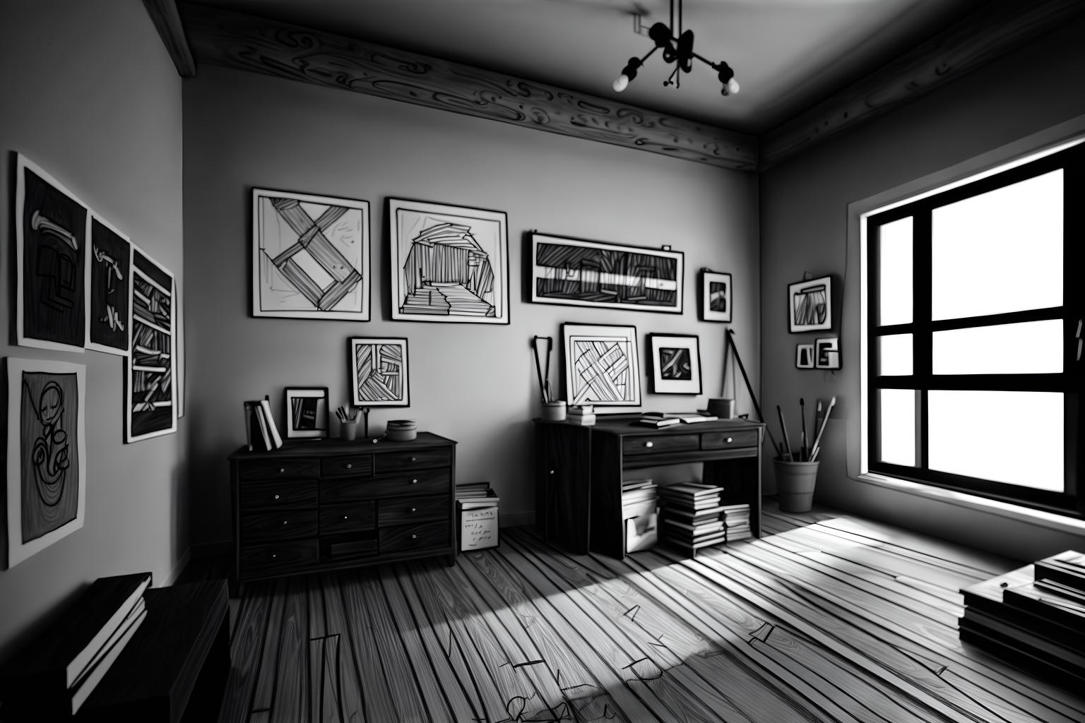 (hand-drawn monochrome black and white sketch line drawing)++ of sketch-style (workshop) apartment interior. a sketch of interior. with . . a sketch of interior. with tool wall and messy and wooden workbench. trending on artstation. black and white line drawing sketch without colors. masterpiece, cinematic light, ultrarealistic+, photorealistic+, 8k, raw photo, realistic, sharp focus on eyes, (symmetrical eyes), (intact eyes), hyperrealistic, highest quality, best quality, , highly detailed, masterpiece, best quality, extremely detailed 8k wallpaper, masterpiece, best quality, ultra-detailed, best shadow, detailed background, detailed face, detailed eyes, high contrast, best illumination, detailed face, dulux, caustic, dynamic angle, detailed glow. dramatic lighting. highly detailed, insanely detailed hair, symmetrical, intricate details, professionally retouched, 8k high definition. strong bokeh. award winning photo.