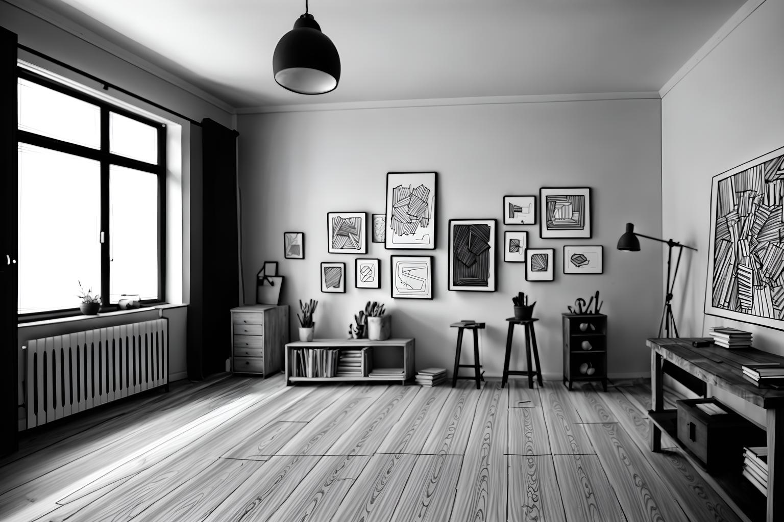 (hand-drawn monochrome black and white sketch line drawing)++ of sketch-style (workshop) apartment interior. a sketch of interior. with . . a sketch of interior. with tool wall and messy and wooden workbench. trending on artstation. black and white line drawing sketch without colors. masterpiece, cinematic light, ultrarealistic+, photorealistic+, 8k, raw photo, realistic, sharp focus on eyes, (symmetrical eyes), (intact eyes), hyperrealistic, highest quality, best quality, , highly detailed, masterpiece, best quality, extremely detailed 8k wallpaper, masterpiece, best quality, ultra-detailed, best shadow, detailed background, detailed face, detailed eyes, high contrast, best illumination, detailed face, dulux, caustic, dynamic angle, detailed glow. dramatic lighting. highly detailed, insanely detailed hair, symmetrical, intricate details, professionally retouched, 8k high definition. strong bokeh. award winning photo.