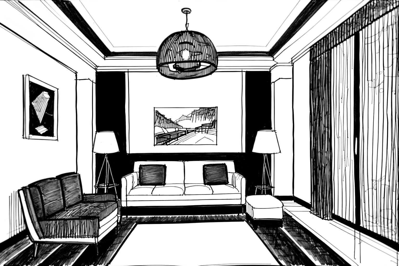 (hand-drawn monochrome black and white sketch line drawing)++ of sketch-style (hotel lobby) apartment interior. a sketch of interior. with . . a sketch of interior. with hanging lamps and lounge chairs and plant. trending on artstation. black and white line drawing sketch without colors. masterpiece, cinematic light, ultrarealistic+, photorealistic+, 8k, raw photo, realistic, sharp focus on eyes, (symmetrical eyes), (intact eyes), hyperrealistic, highest quality, best quality, , highly detailed, masterpiece, best quality, extremely detailed 8k wallpaper, masterpiece, best quality, ultra-detailed, best shadow, detailed background, detailed face, detailed eyes, high contrast, best illumination, detailed face, dulux, caustic, dynamic angle, detailed glow. dramatic lighting. highly detailed, insanely detailed hair, symmetrical, intricate details, professionally retouched, 8k high definition. strong bokeh. award winning photo.