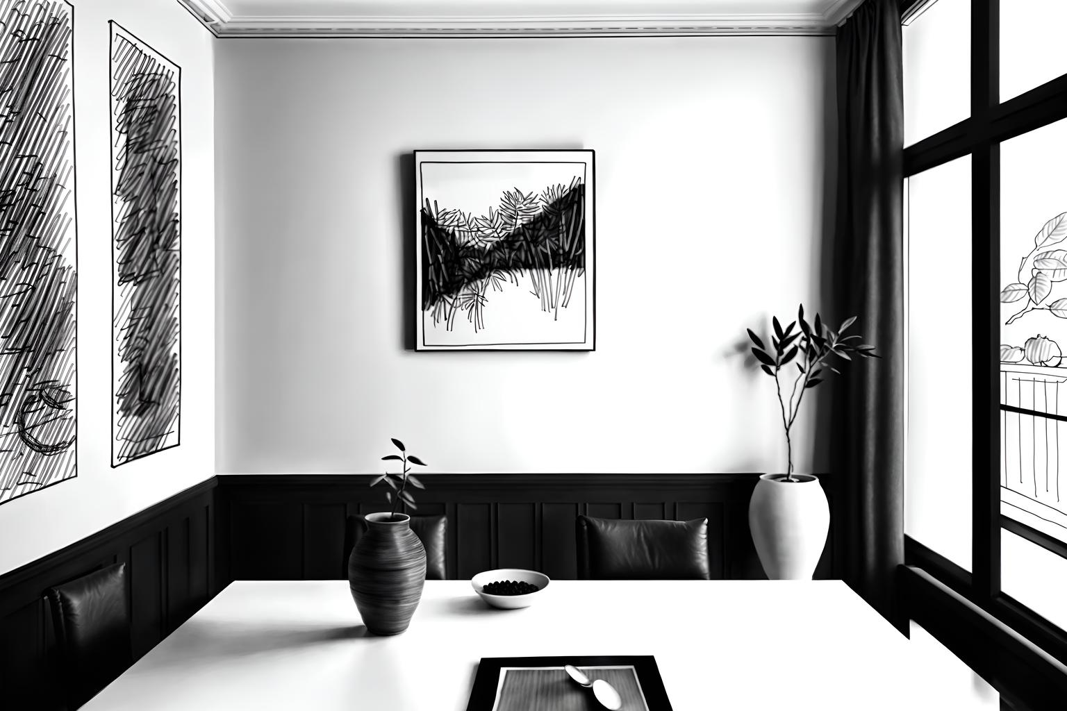 (hand-drawn monochrome black and white sketch line drawing)++ of sketch-style (dining room) apartment interior. a sketch of interior. with . . a sketch of interior. with plant and painting or photo on wall and vase. trending on artstation. black and white line drawing sketch without colors. masterpiece, cinematic light, ultrarealistic+, photorealistic+, 8k, raw photo, realistic, sharp focus on eyes, (symmetrical eyes), (intact eyes), hyperrealistic, highest quality, best quality, , highly detailed, masterpiece, best quality, extremely detailed 8k wallpaper, masterpiece, best quality, ultra-detailed, best shadow, detailed background, detailed face, detailed eyes, high contrast, best illumination, detailed face, dulux, caustic, dynamic angle, detailed glow. dramatic lighting. highly detailed, insanely detailed hair, symmetrical, intricate details, professionally retouched, 8k high definition. strong bokeh. award winning photo.