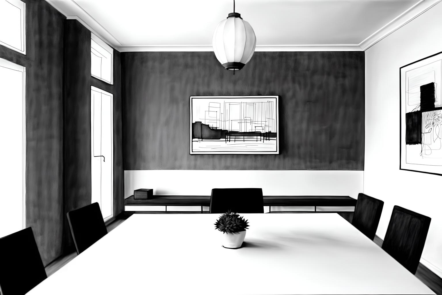 (hand-drawn monochrome black and white sketch line drawing)++ of sketch-style (dining room) apartment interior. a sketch of interior. with . . a sketch of interior. with plant and painting or photo on wall and vase. trending on artstation. black and white line drawing sketch without colors. masterpiece, cinematic light, ultrarealistic+, photorealistic+, 8k, raw photo, realistic, sharp focus on eyes, (symmetrical eyes), (intact eyes), hyperrealistic, highest quality, best quality, , highly detailed, masterpiece, best quality, extremely detailed 8k wallpaper, masterpiece, best quality, ultra-detailed, best shadow, detailed background, detailed face, detailed eyes, high contrast, best illumination, detailed face, dulux, caustic, dynamic angle, detailed glow. dramatic lighting. highly detailed, insanely detailed hair, symmetrical, intricate details, professionally retouched, 8k high definition. strong bokeh. award winning photo.