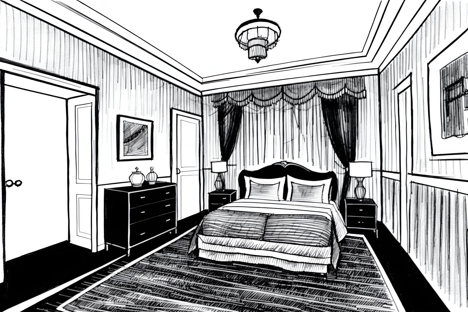 (hand-drawn monochrome black and white sketch line drawing)++ of sketch-style (hotel room) apartment interior. a sketch of interior. with . . a sketch of interior. with dresser closet and accent chair and mirror. trending on artstation. black and white line drawing sketch without colors. masterpiece, cinematic light, ultrarealistic+, photorealistic+, 8k, raw photo, realistic, sharp focus on eyes, (symmetrical eyes), (intact eyes), hyperrealistic, highest quality, best quality, , highly detailed, masterpiece, best quality, extremely detailed 8k wallpaper, masterpiece, best quality, ultra-detailed, best shadow, detailed background, detailed face, detailed eyes, high contrast, best illumination, detailed face, dulux, caustic, dynamic angle, detailed glow. dramatic lighting. highly detailed, insanely detailed hair, symmetrical, intricate details, professionally retouched, 8k high definition. strong bokeh. award winning photo.