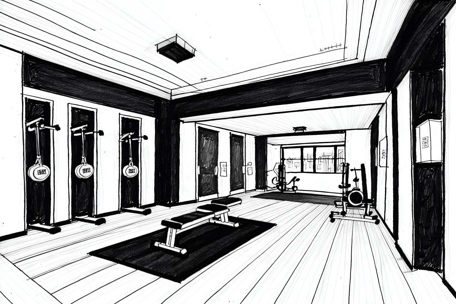 (hand-drawn monochrome black and white sketch line drawing)++ of sketch-style (fitness gym) apartment interior. a sketch of interior. with . . a sketch of interior. with bench press and dumbbell stand and crosstrainer. trending on artstation. black and white line drawing sketch without colors. masterpiece, cinematic light, ultrarealistic+, photorealistic+, 8k, raw photo, realistic, sharp focus on eyes, (symmetrical eyes), (intact eyes), hyperrealistic, highest quality, best quality, , highly detailed, masterpiece, best quality, extremely detailed 8k wallpaper, masterpiece, best quality, ultra-detailed, best shadow, detailed background, detailed face, detailed eyes, high contrast, best illumination, detailed face, dulux, caustic, dynamic angle, detailed glow. dramatic lighting. highly detailed, insanely detailed hair, symmetrical, intricate details, professionally retouched, 8k high definition. strong bokeh. award winning photo.